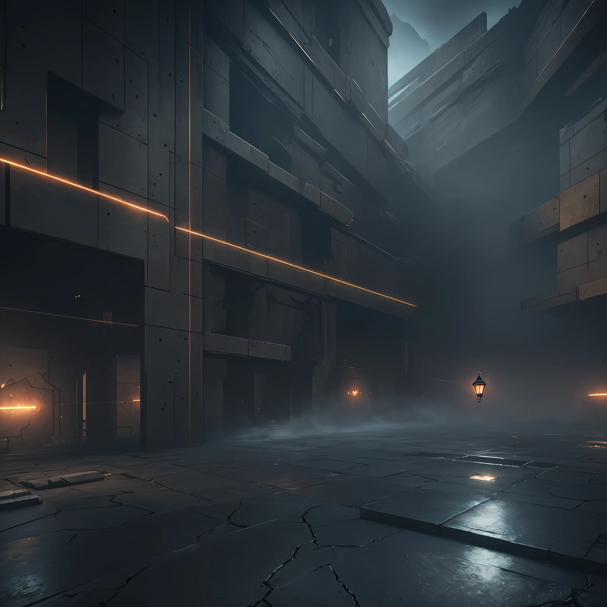 vast steampunk dungeon, unreal engine rendering, photorealistic, mysterious, concrete walls, cracked, volumetric fog, black fog, night --auto --s2