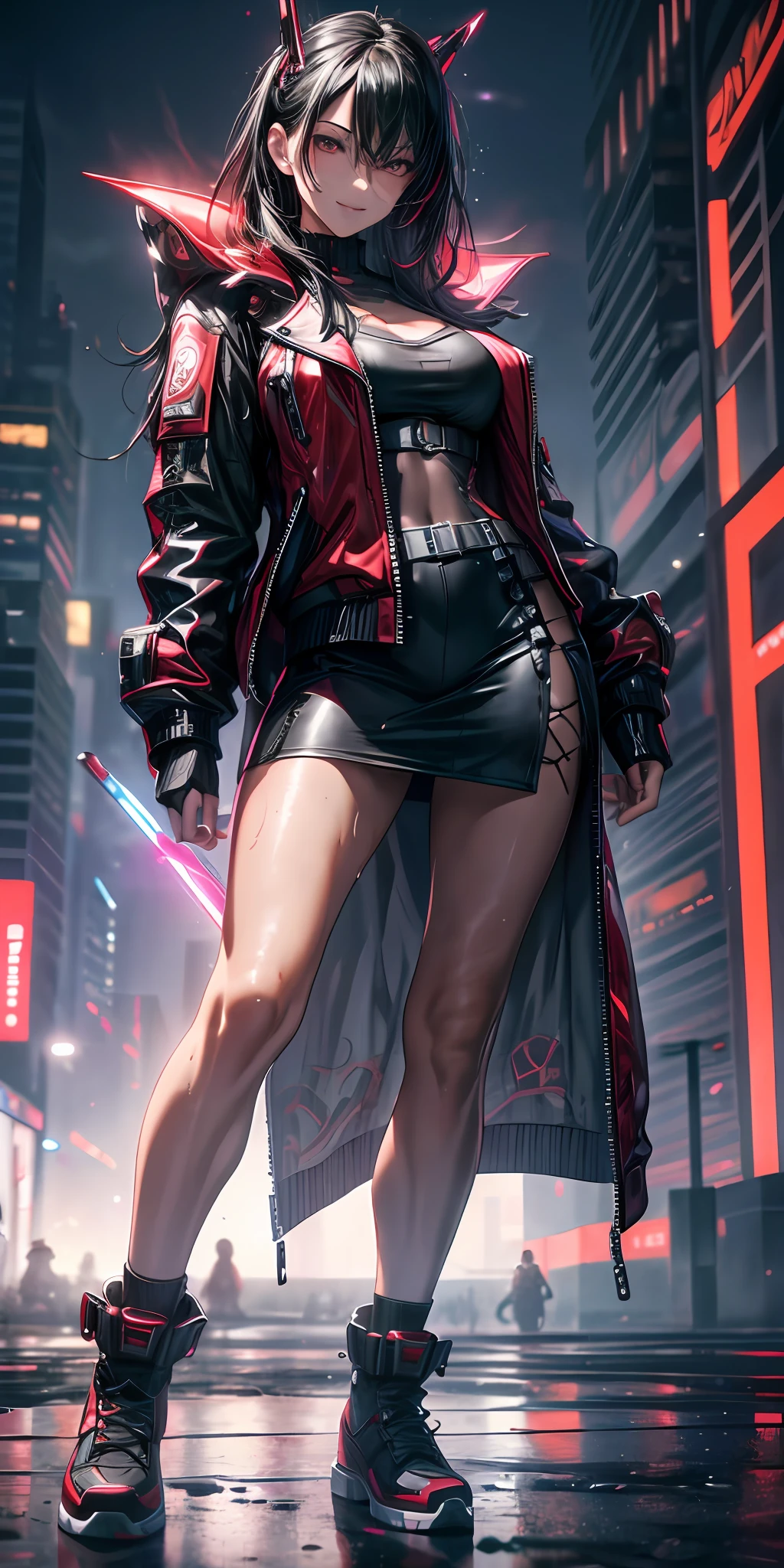 Best quality, masterpiece, absurdres, ultra realistic,middle angle shot, foggy, night time, outdoor,solo, beautiful mature woman wearing a stylish red-black translucent cyberpunk jacket and black sexy skirt, cyberpunk shoes, cool, egdy, beautiful long hair, glowing eyes, cute smile, swirling lights around the charatcters, reflections,hyper detailed character, detailed face, intricate, wet, unity wallpaper, unreal engine, award winning, cinematic, amazing pose, dynamic scene