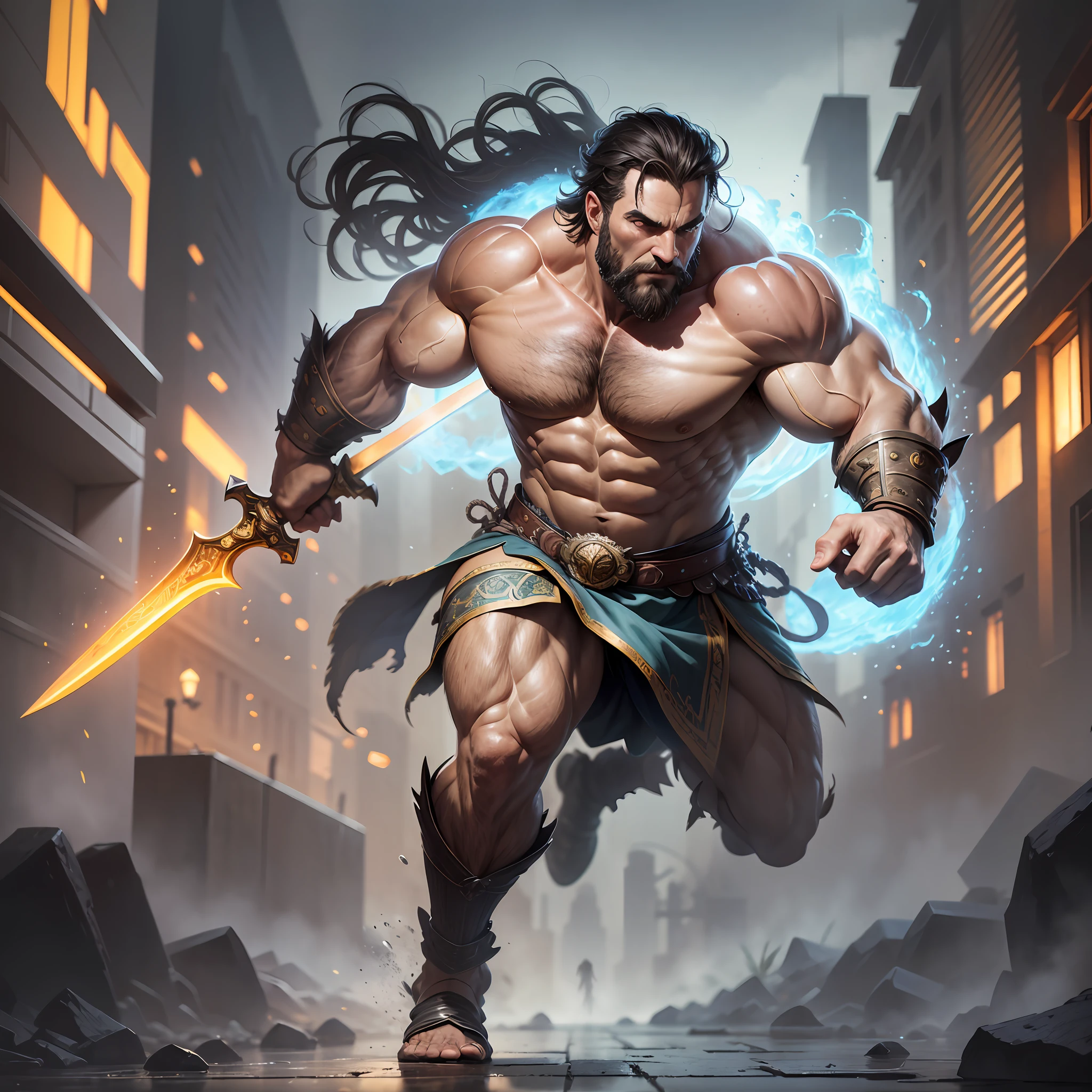 masterpiece, detailed, intricate, epic fantasy, colorful, full body, slight angle, man, 40 years old, hulking, brawny, fitted, ankle wraps, very hairy torso, big strong hands, fine detailed, running, intense action, dynamic juxtaposition, skimpy revealing slavery outfit, receding hairline, smirk, gladiator, with a sword, blades, big ancient city on fire in the background, heavy rain, smoggy, pointing away, depth of field, particle effects, high quality shadows, intense action --auto --s2