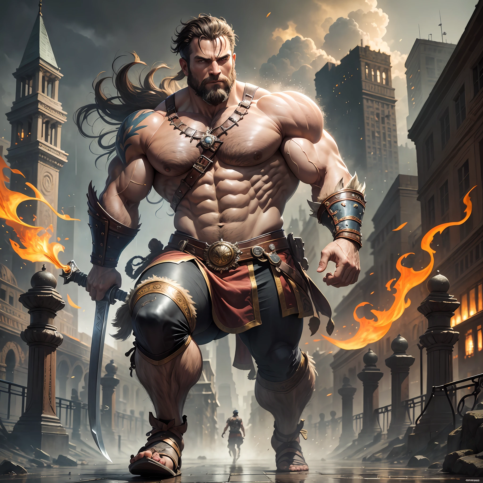 masterpiece, detailed, intricate, epic fantasy, colorful, full body, slight angle, man, 40 years old, hulking, brawny, fitted, ankle wraps, very hairy torso, big strong hands, fine detailed, running, intense action, dynamic juxtaposition, skimpy revealing slavery outfit, receding hairline, smirk, gladiator, with a sword, blades, big ancient city on fire in the background, heavy rain, smoggy, pointing away, depth of field, particle effects, high quality shadows, intense action --auto --s2