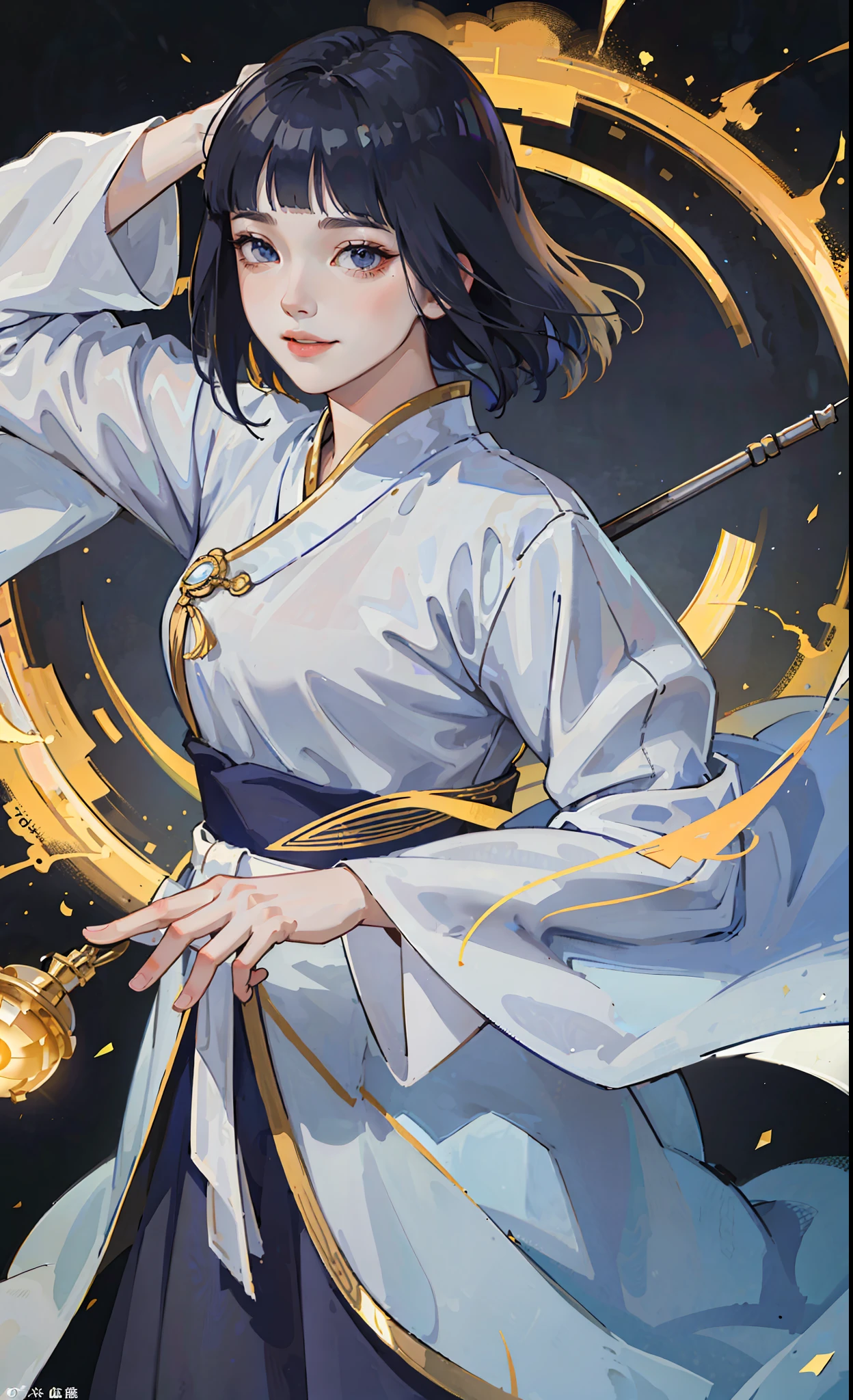 A girl, ancient Chinese costume, whole body, sunshine, clear face, clean white background, masterpiece, super detail, epic composition, ultra HD, high quality, extremely detailed, official art, uniform 8k wallpaper, super detail, 32k, ((blunt bangs)), extremely detailed character, detailed lips, dark blue hair, hinata/(boruto/), smile