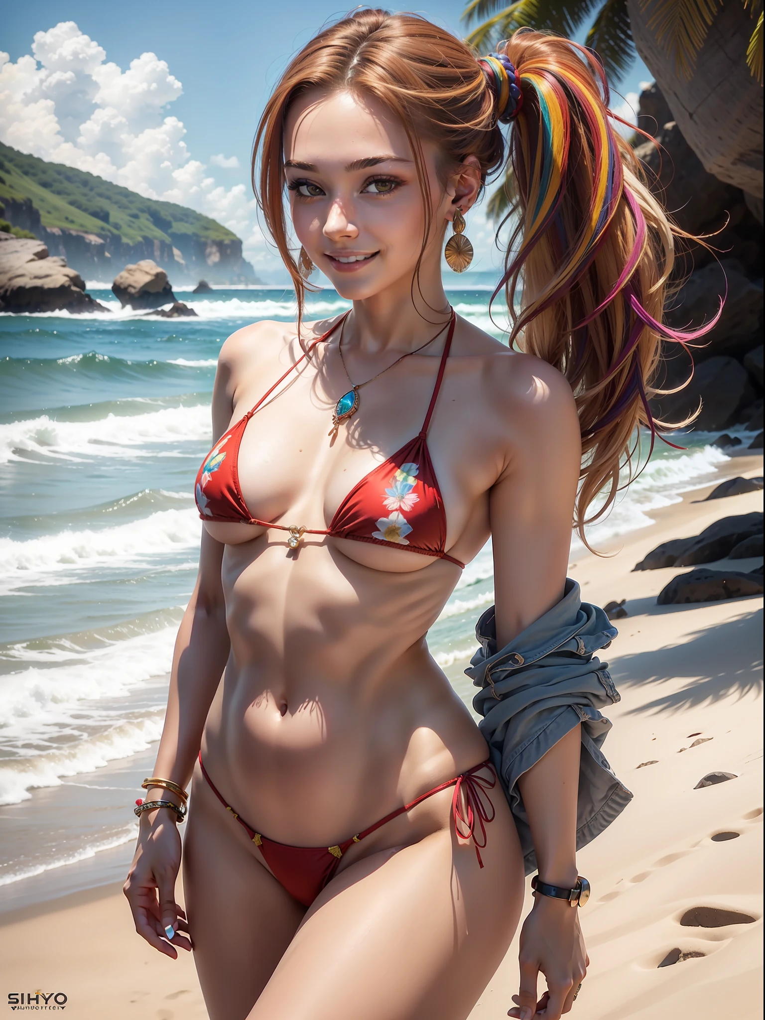(Masterpiece: 1.5), (Best Quality: 1.5), High Resolution, High Detail, 1 Girl, Solo, Skin Highlight, Sharpen, Clear, straight hair, ponytail, multicolored hair, Jewelry, bracelet, earrings, cowboy shot, pale skin, smile, beach, tiny micro bikini