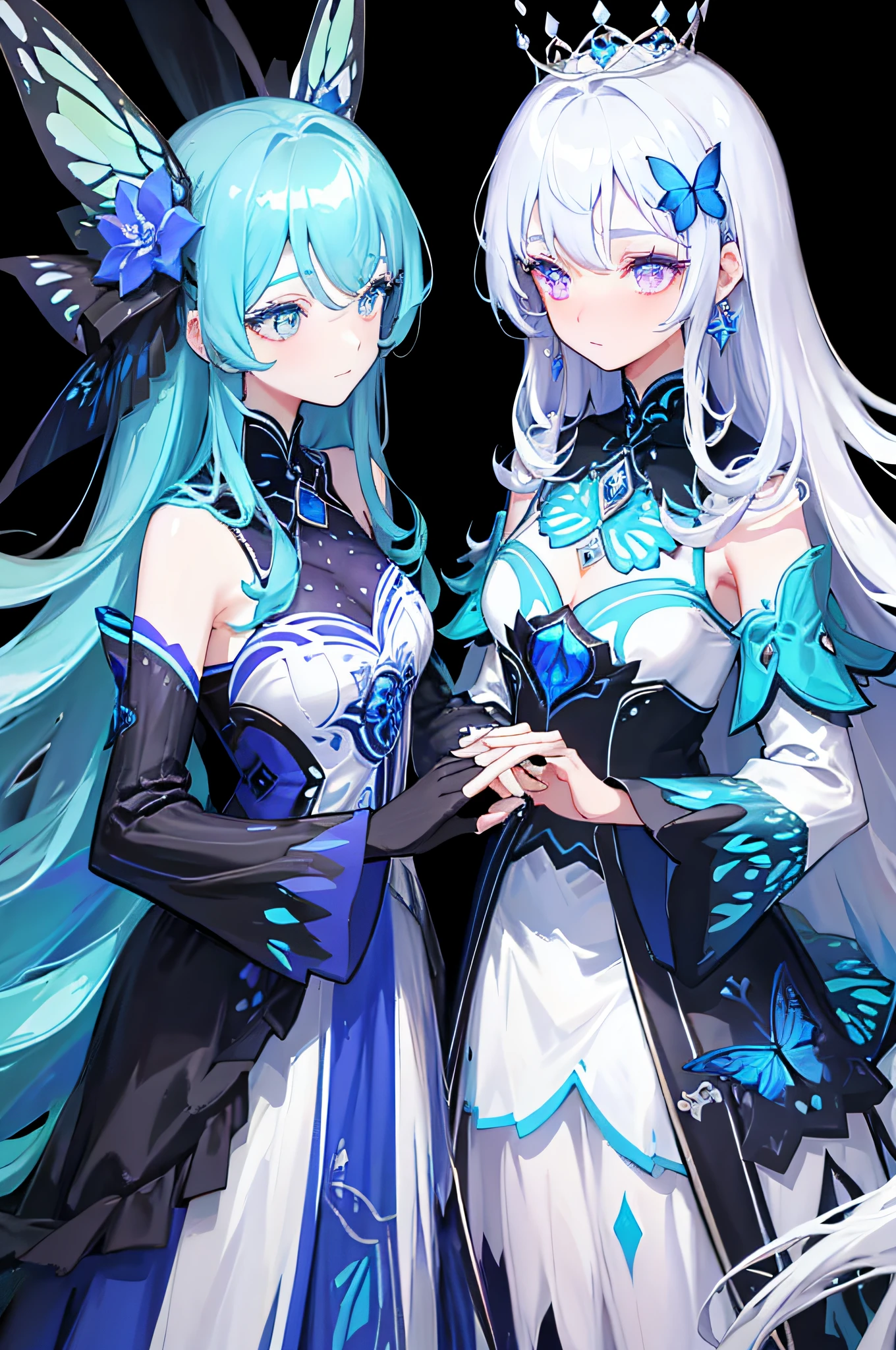 (Masterpiece, Best Quality: 1.4), Detailed Background, White Crystal, Crystal Cluster, Long Hair, Jewelry, Earrings, Necklace, Crown, Bride, White Hair, Halo, (Overlook), Dynamic Angle, Ultra Detailed, Illustration, Close Up, Direct Look, 1girl, (Fantasy: 1.4), (Purple Eyes: 1.233), Her Eyes Shine Like Dreamy Stars, (Glow Eyes: 1.233), (Beautiful and Delicate Eyes: 1.1), (Silver Hair: 1.14), (Messy Hair, Very Long Hair, French braids, hair between the eyes, side hair), (+(blue hair flower: 1.14)), (chiffon dress, uniform blue flower pattern)/= (military uniform: 1.24), (split sleeves, wide sleeves), (fingerless gloves), choker, (miko thighhighs), high heeled boots, (expressionless, shut up), (standing), (classical princess boudoir with dresser floor-to-ceiling windows white ancient palace), (white flowers, blooming), (deep sea), (flowing water), (dark blue world tree:1.14),(Ruins),(Night:1.2),dreamy,Soul,(fluorescent),(Flying Translucent Blue Butterfly:1.15),[Delicate Fingers and Hands:0.55]::0.85], (Finger Detail), (Yubao:0.5)