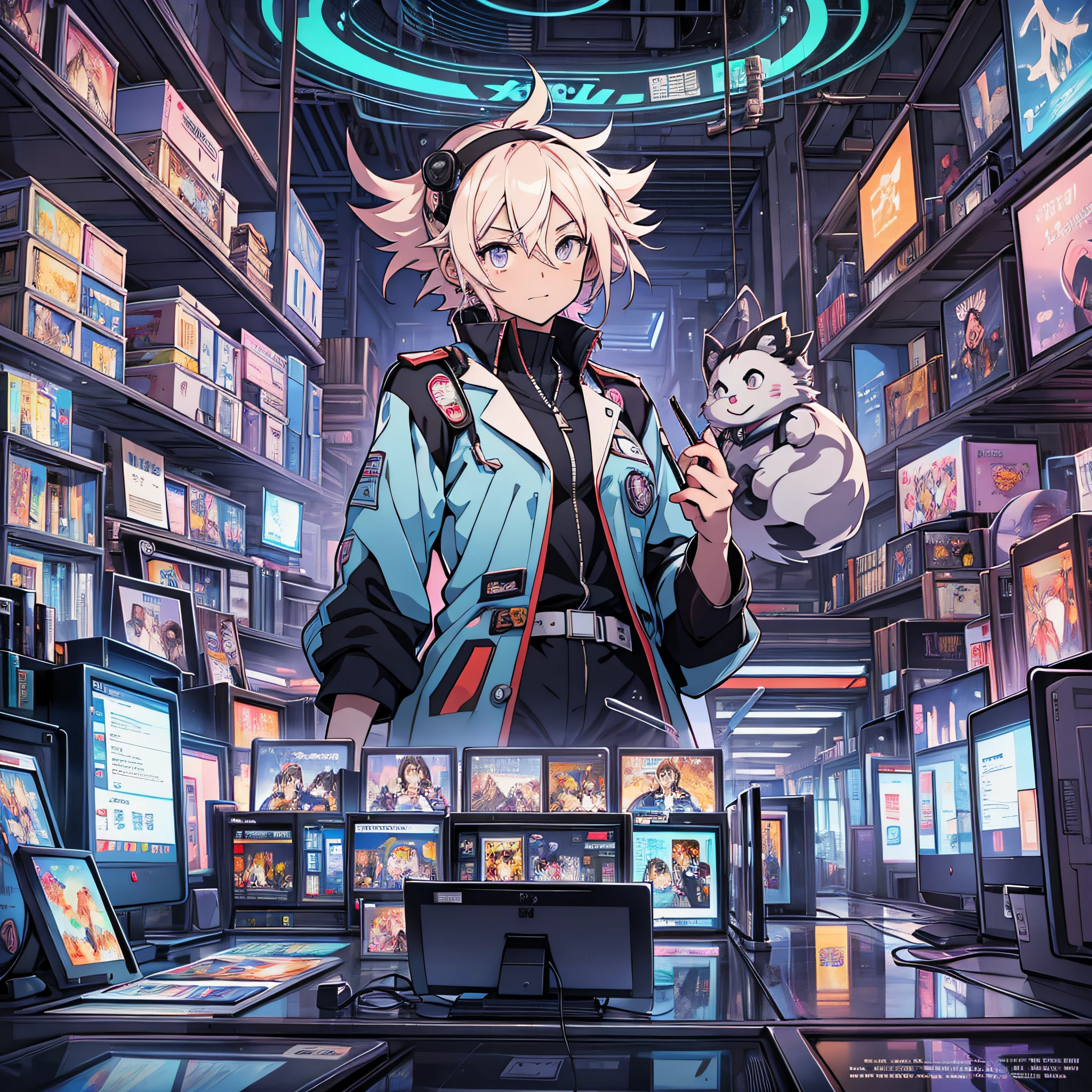 The main page illustration features a mad scientist waifu as the site's mascot, in a futuristic lab setting. She's standing next to a table full of tech gadgets, books, and formulas. The scientist waifu is animated, wearing a lab coat with anime-related elements, and holds a futuristic tablet with the site's interface displayed. His expression conveys enthusiasm for the discovery of incredible anime. Around the mascot, there are visual elements that reinforce the theme of anime and keywords. Clouds of thought above your head contain icons representing keywords like "action," "adventure," "romance," and "fantasy." These thought clouds have arrows that connect to the site's interface, indicating the interaction between the keywords and the search. Shelves with anime DVDs are present, displaying covers of well-known anime. Some DVDs are open, revealing manga pages featuring popular characters, symbolizing the vast collection of anime available on the site. In the background of the illustration, there is a fictional city inspired by anime, with colorful skyscrapers, neon signs, and animated characters walking the streets. This background landscape adds a lively and engaging touch to the illustration. The illustration globally conveys the idea of an exciting and welcoming environment, where the mad scientist waifu, with her passion and knowledge, guides users to find anime that suits their preferences and explore new titles based on their favorite series --auto --s2