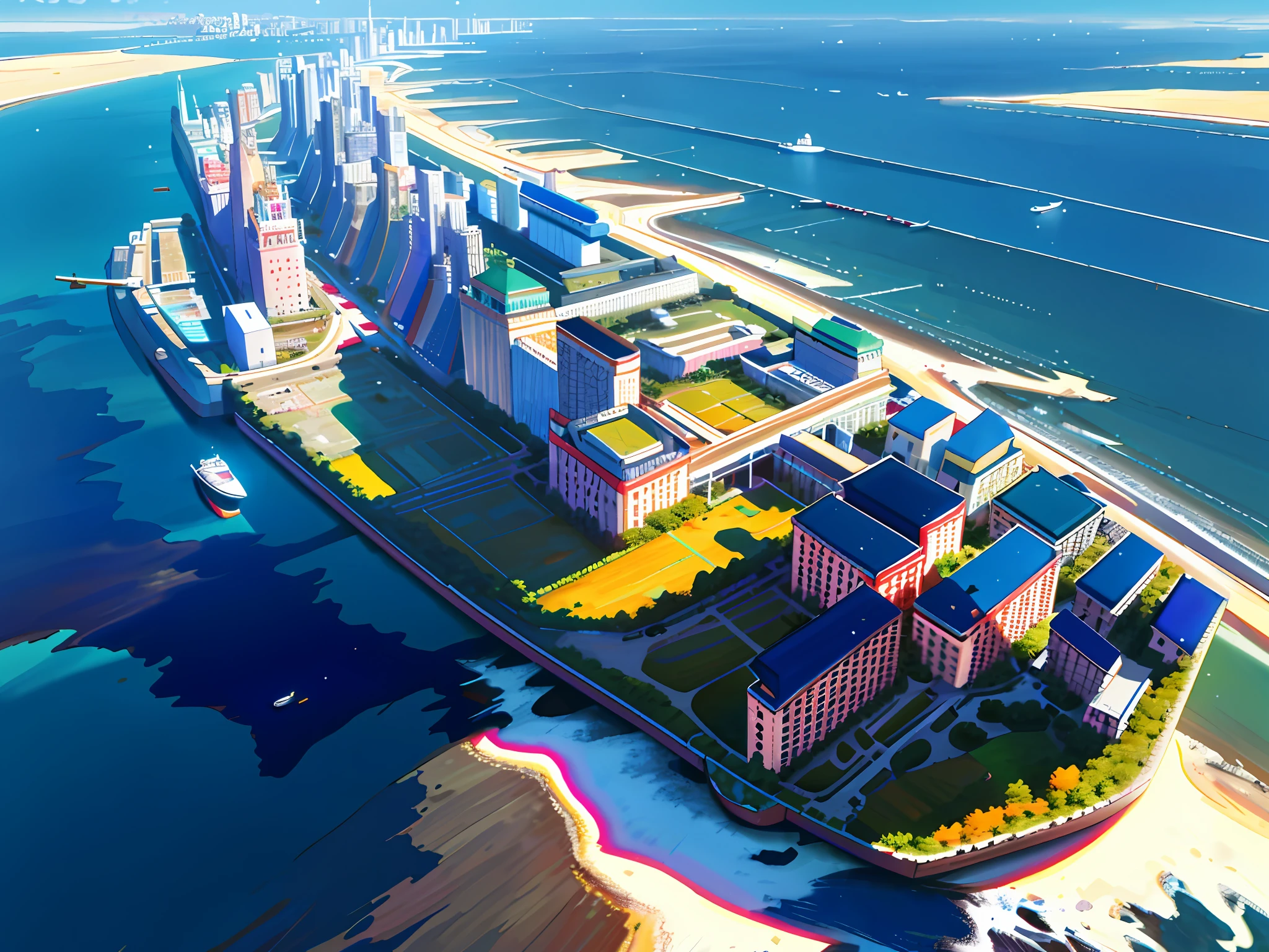 Photography, total area: aerial view of the island of 63000m2, there is no land around, the cluster of skyscrapers covering the island, the scenery of modern city, the harbor of large ships, the beautiful yacht harbor, the whole island has a beautiful white landscape, there are many yachts floating in the sea. Photorealistic, Masterpiece, Best Quality, Ultra Detail, HDR, 8K