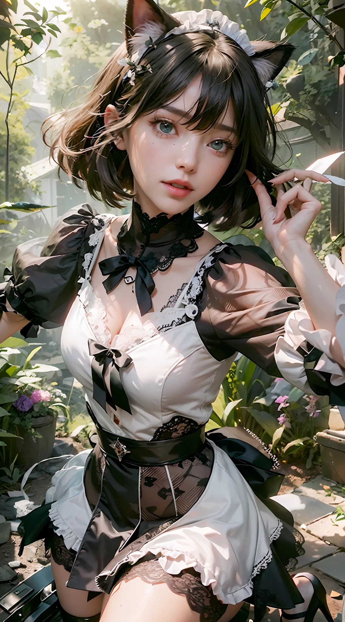 ((Best Quality)), ((Masterpiece)), (Details: 1.4), 3D, Single, A Beautiful Catlady Maid, (Maid Outfit, Lace Lace Dress: 1.9), (A Pair of Cat Ears: 1.6) (Green Pupil: 1.5) (High Heels: 1.4) HDR (High Dynamic Range), Ray Tracing, NVIDIA RTX, Super-Resolution, Unreal 5, Subsurface Scattering, PBR Textures, Post-processing, Anisotropic filtering, depth of field, maximum sharpness and sharpness, multi-layer textures, albedo and specular mapping, surface shading, accurate simulation of light-material interactions, perfect proportions, Octane Render, bicolor light, large aperture, low ISO, white balance, rule of thirds, 8K RAW,