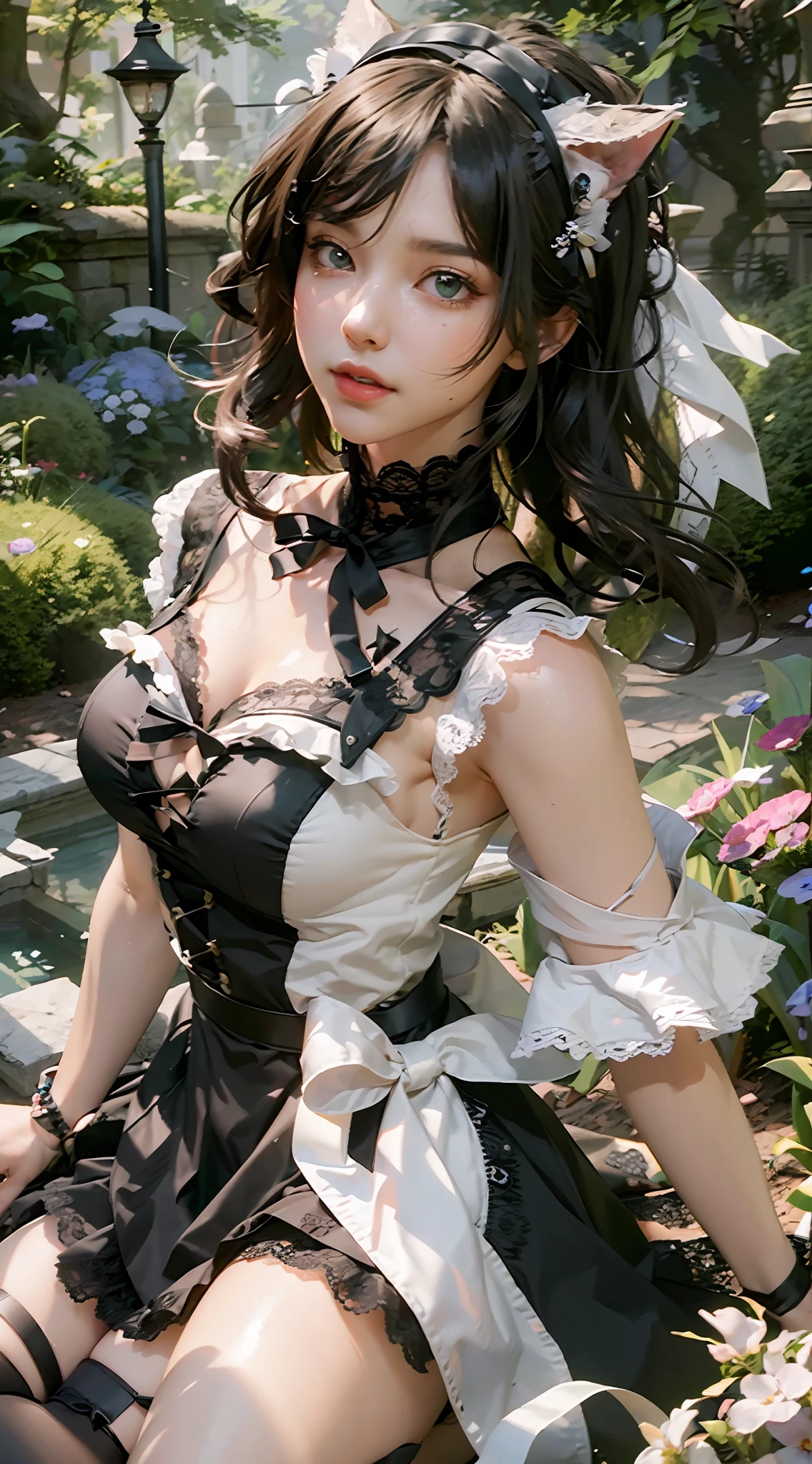 ((Best Quality)), ((Masterpiece)), (Details: 1.4), 3D, Single, A Beautiful Catlady Maid, (Maid Outfit, Lace Lace Dress: 1.9), (A Pair of Cat Ears: 1.6) (Green Pupil: 1.5) (High Heels: 1.4) HDR (High Dynamic Range), Ray Tracing, NVIDIA RTX, Super-Resolution, Unreal 5, Subsurface Scattering, PBR Textures, Post-processing, Anisotropic filtering, depth of field, maximum sharpness and sharpness, multi-layer textures, albedo and specular mapping, surface shading, accurate simulation of light-material interactions, perfect proportions, Octane Render, bicolor light, large aperture, low ISO, white balance, rule of thirds, 8K RAW,