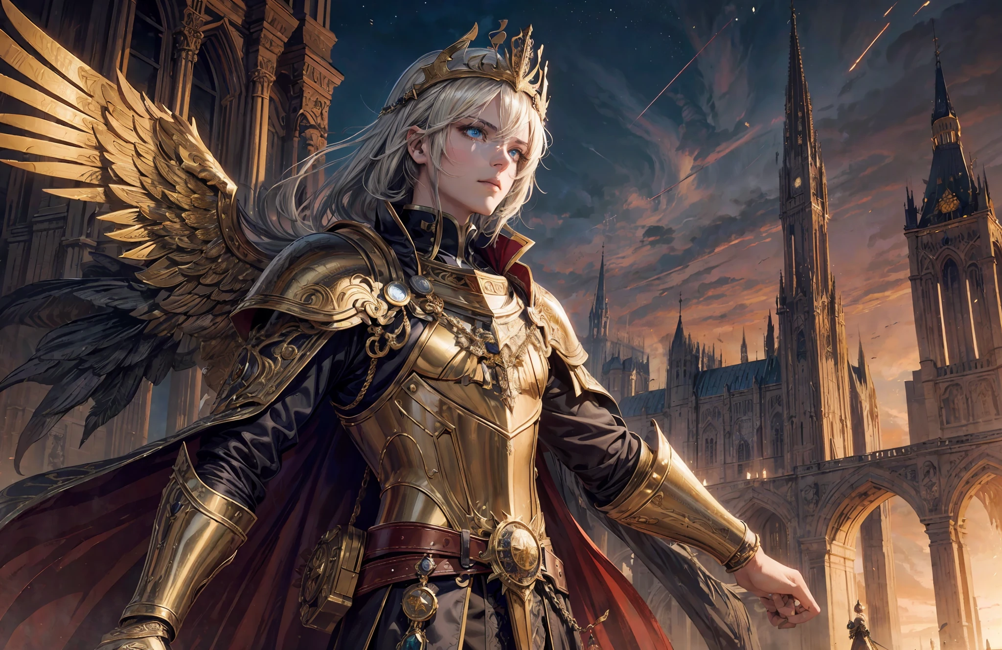 Best quality)), ((masterpiece)), ((highly intricate details)),beautiful, high quality, highres, absurdres, light difussion, intricate details, complex details, ((anime)), (anime:1.2) , (perfect face:1.3), extreme detailed eyes, colorful, highest detailed, vibrant colors, high contrast, (8K UHD:1.2), (photorealistic:1.2),(masterpiece:1.4), (best quality:1.4), realistic, 1girl medium breasts,(masterpiece:1.2, best quality:1.1),8K,intricate details,HD,best illustration,wall-paper,intricate details,8K Hd wallpaper:1.6 1girl,12yo,Golden pupil,((Golden eye)),Golden iris,shine:1.6 Swords and shields, griffins, wings, banners, streamers, emeralds, crowns,The sheen, the detail, the sparks, the ink, the castle, the fire, the sunset,Crusader armor Metallics, streamers, blood on his face,Chest exposed, broken armor,industrial, dieselpunk, Carved armor:1.4, scratches:1.2, battle damage, wounds
