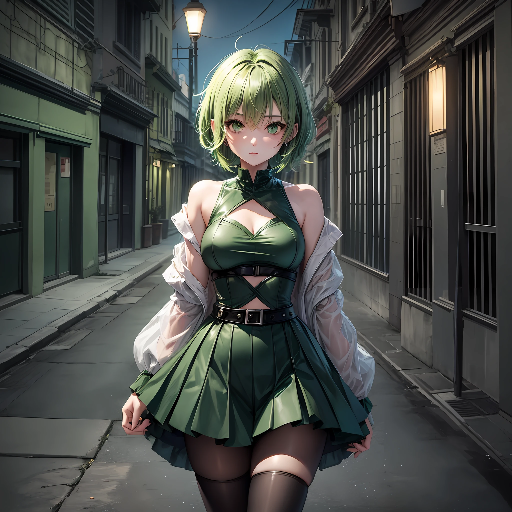 green short hair green eyes anime girl,she walking night ghost town,she wearing mine fashion outfits,liminal space