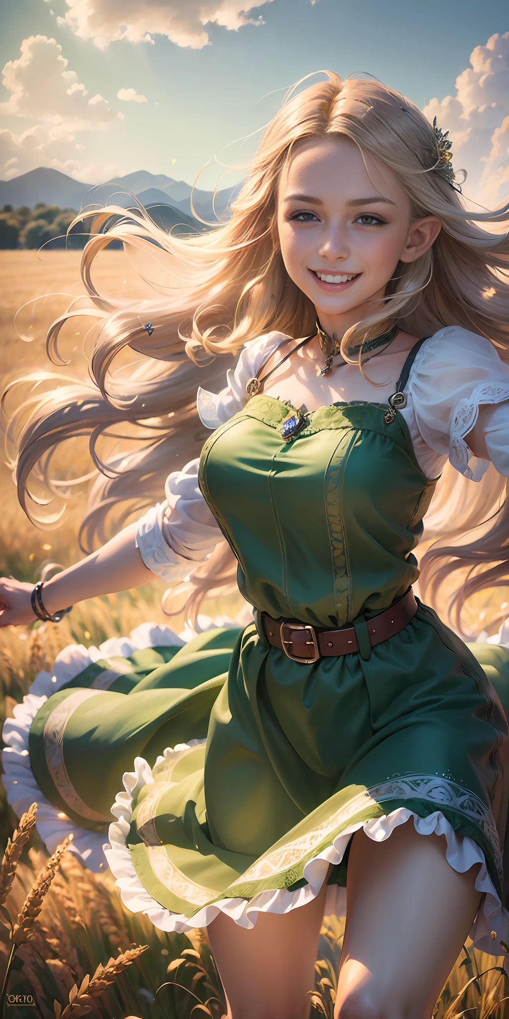 (in perspective), ((masterpiece, hyperrealistic, photorealistic, 8k, intricate details)) A beautiful 18-year-old bright elf, wearing a green dress, and hair clips, is running happily through a huge wheat field, smiling slightly (showing her teeth), while the wind lightly blows her hair ((daytime setting, soft lighting, morning)).