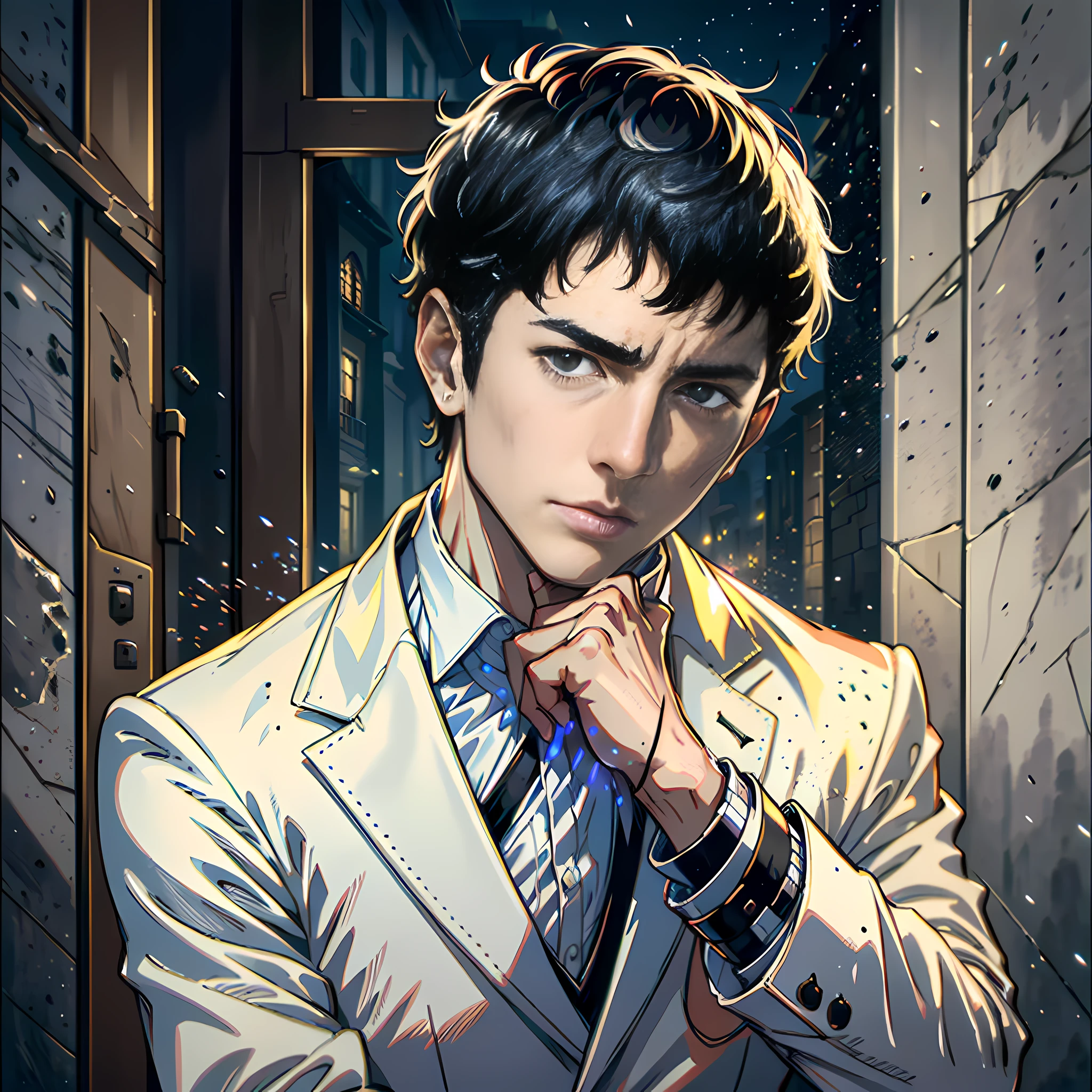 At night, a handsome boy, hands on his head thinking about problems, standing at the gate of the villa, white suit, facial hyper-detail, short black hair, black eyes, facial hyper-detail, highly real, 4K, chiaroscuro, super high detail