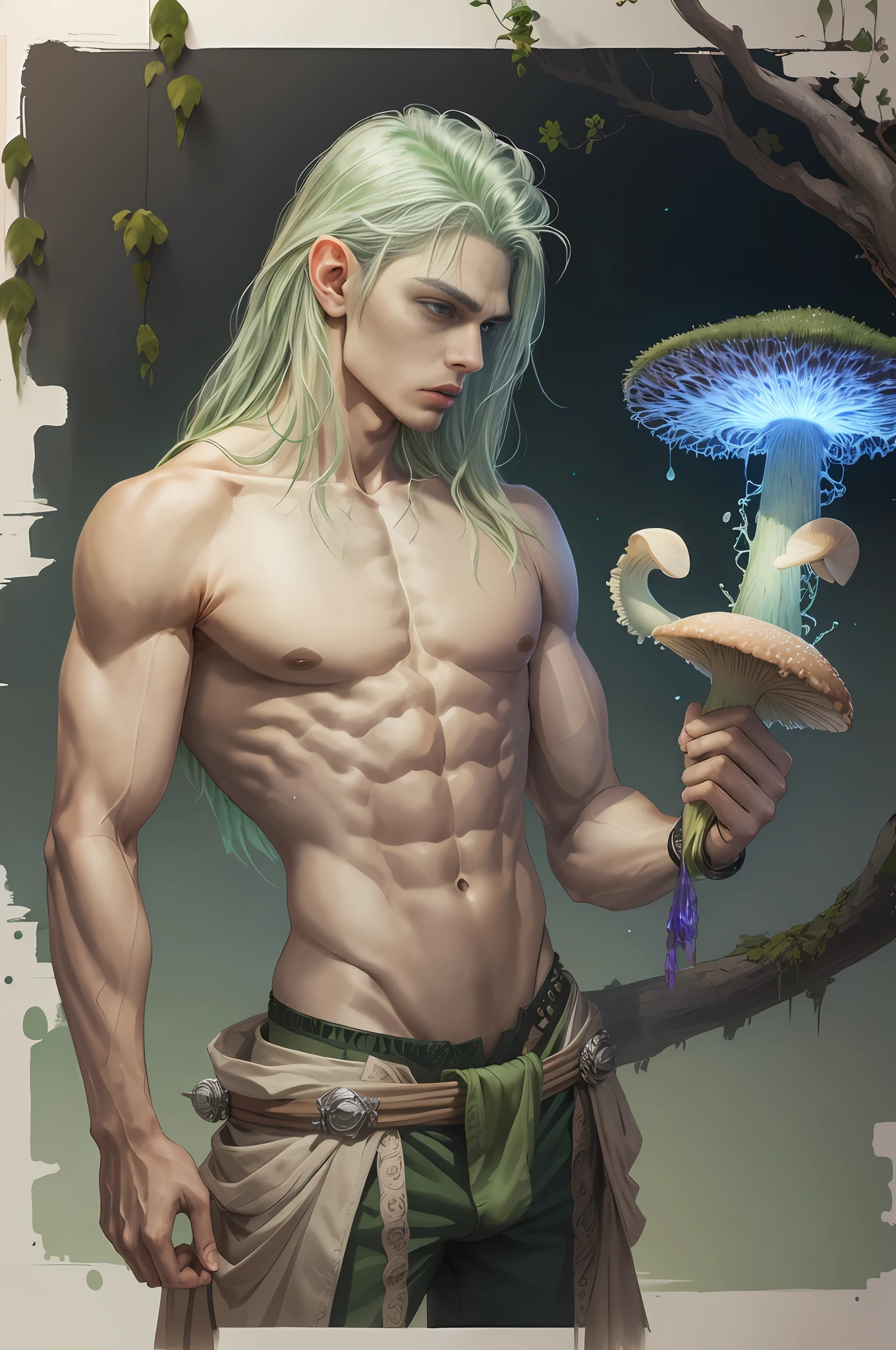(masterpiece, best quality), green-skinned goblin, wearing micro thong, see-through thong , mushroom water world, wide angle, athletic body, male, iridescent skin, flat chest, silver eyes, green hair styled in spikes, determined expression, bioluminescent lighting, small waist, broad chest, big mane, slim scruffy, muscular , illustration, watercolor ink sketch, (best quality)), intricate detailed,solo, masterpiece,