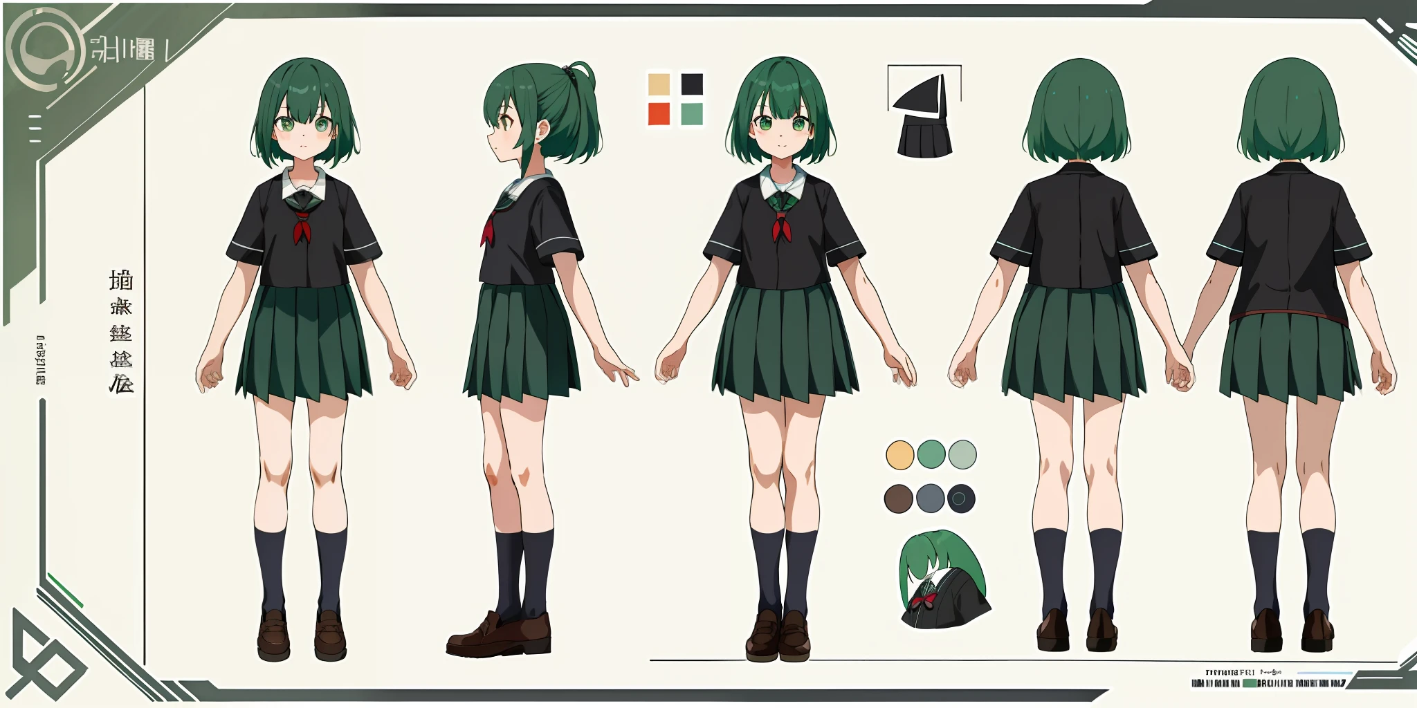 1 Girl, Character Sheet, Concept Art, Full Body, (Masterpiece:1.2), (Best Image Quality:1.3), 1 Girl, Standing, Pleated Skirt, Black School Blouse, Green Hair, Cute