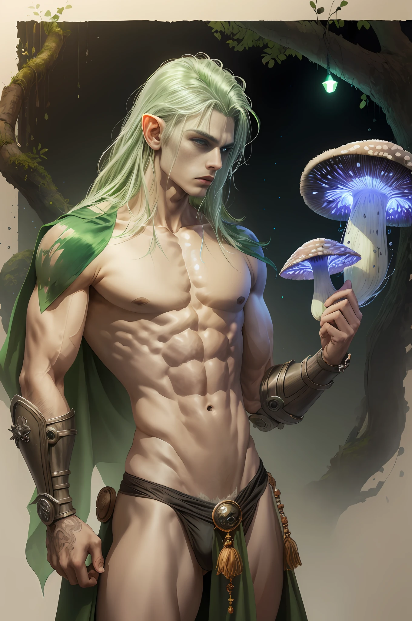 (masterpiece, best quality), green-skinned goblin, wearing micro thong, see-through thong , mushroom water world, wide angle, athletic body, male, iridescent skin, flat chest, silver eyes, green hair styled in spikes, determined expression, bioluminescent lighting, small waist, broad chest, big mane, slim scruffy, muscular , illustration, watercolor ink sketch, (best quality)), intricate detailed,solo, masterpiece,
