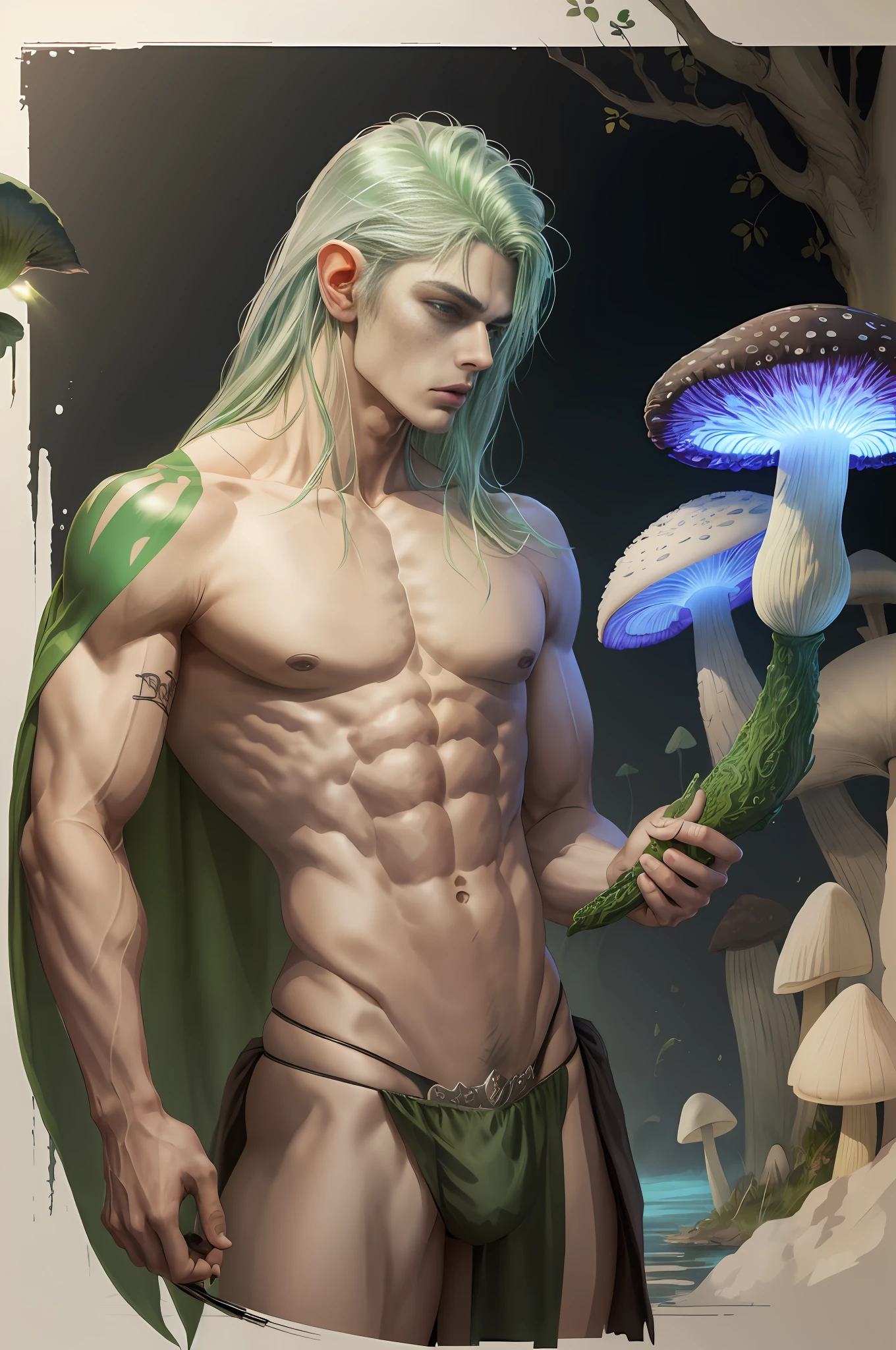 (masterpiece, best quality), green-skinned goblin,  wearing micro thong, see-through thong , mushroom water world, wide angle, athletic body, male, iridescent skin, flat chest, silver eyes, green hair styled in spikes, determined expression, bioluminescent lighting, small waist, broad chest, big mane, slim scruffy, muscular , illustration, watercolor ink sketch, (best quality)), intricate detailed,solo, masterpiece,