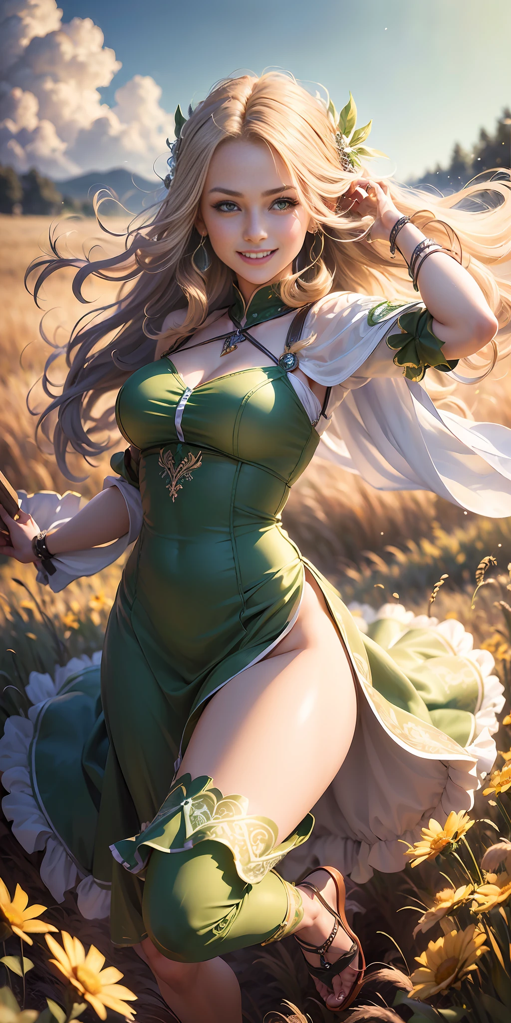 (in perspective), ((masterpiece, hyperrealistic, photorealistic, 8k, intricate details)) A beautiful 18-year-old bright elf, wearing a green dress, and hair clips, is running happily through a huge wheat field, smiling slightly (showing her teeth), while the wind lightly blows her hair ((daytime setting, soft lighting, morning)).