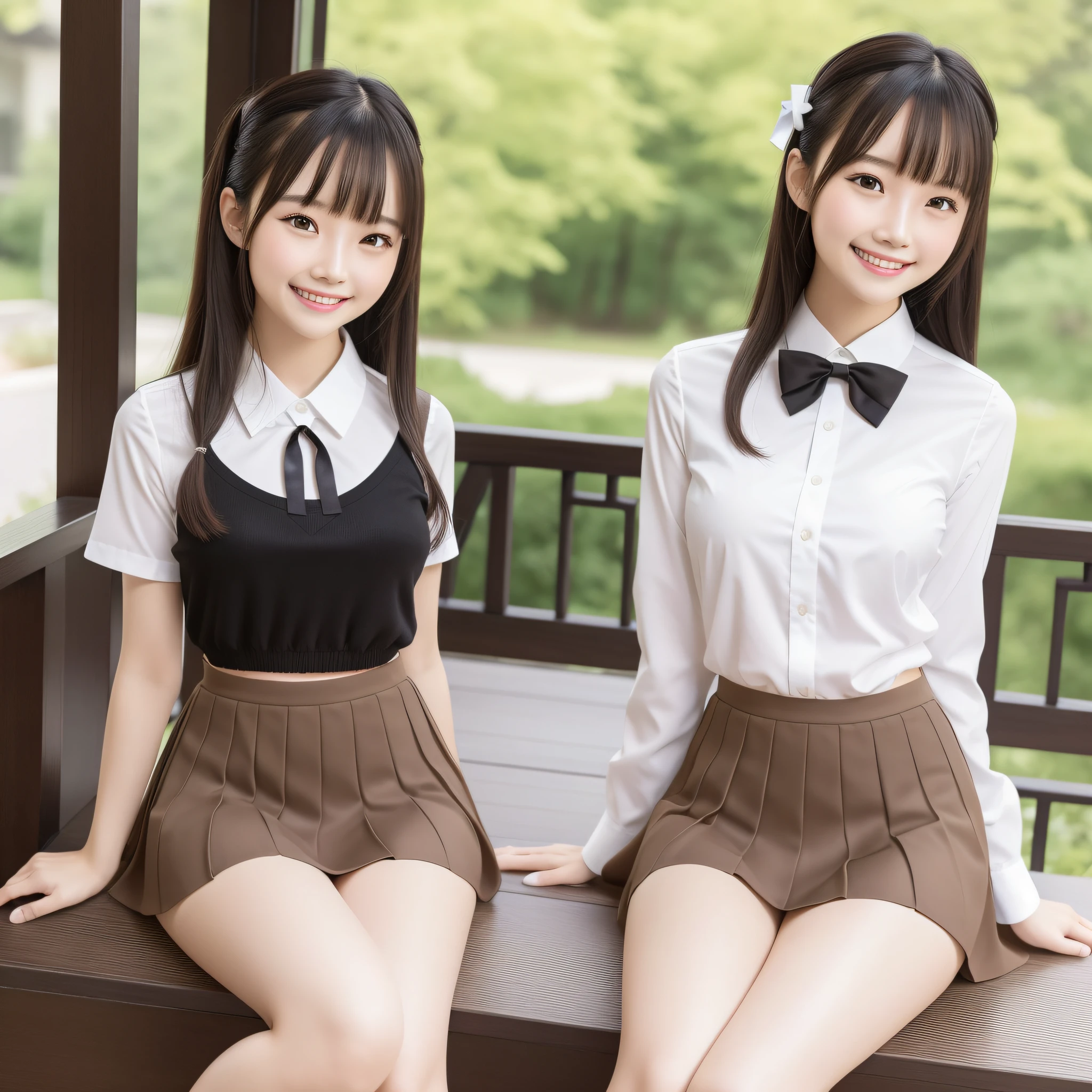 underwear, photo of 20 y.o lady, cute, panties, ((Chinese girl)), ((((happy smile)))), lace panties, sitting, panties, legs open, skirt, school uniform, white panties, socks, black hair, shirt, blurry, blurred background, knees, white shirt, loafers, realistic, long hair, lips, brown eyes, black socks, bow tie, pleated skirt, bow, bow, headrest, looking to the side, outdoors, brown footwear, masterpiece, best quality, ultra-detailed,