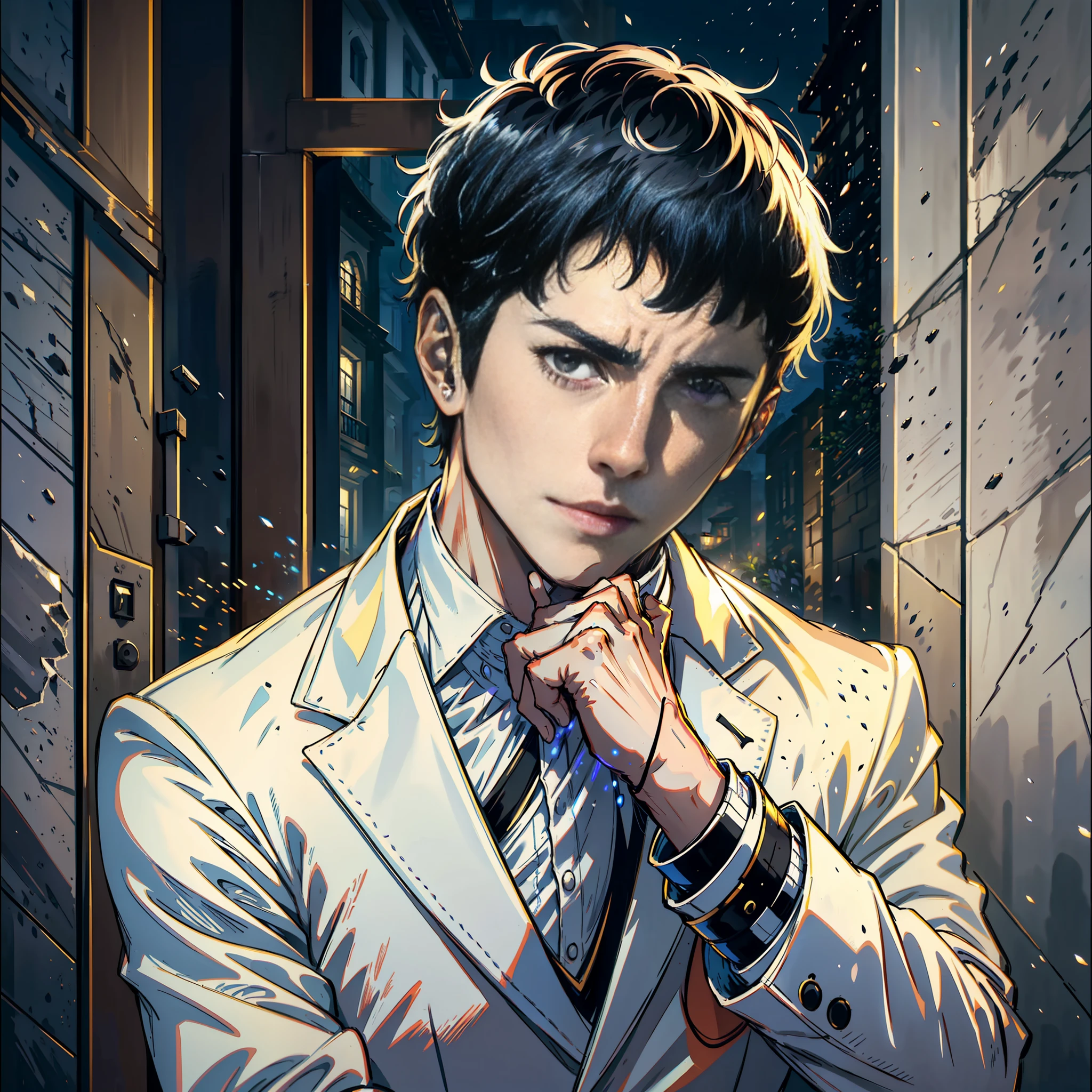 At night, a handsome boy, hands on his head thinking about problems, standing at the gate of the villa, white suit, facial hyper-detail, short black hair, black eyes, facial hyper-detail, highly real, 4K, chiaroscuro, super high detail