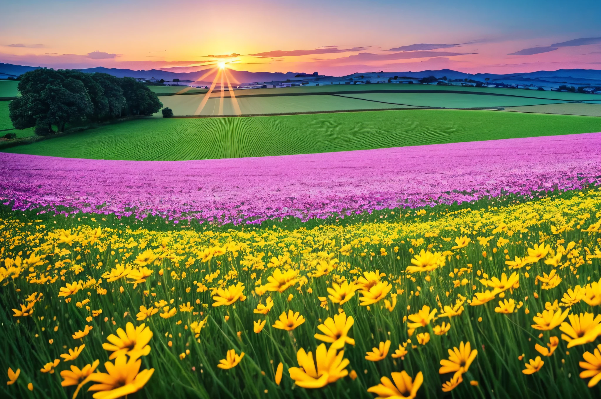a close up of a field of flowers with a sunset in the background, field with grass and flowers, meadow with flowers, beautiful summer landscape, the brilliant dawn on the meadow, field of flowers, sunny meadow, field of flowers background, summer meadow, summer field, field of wild flowers, meadow background, flower field, beautiful landscape, nature landscape, fields of flowers --auto --s2
