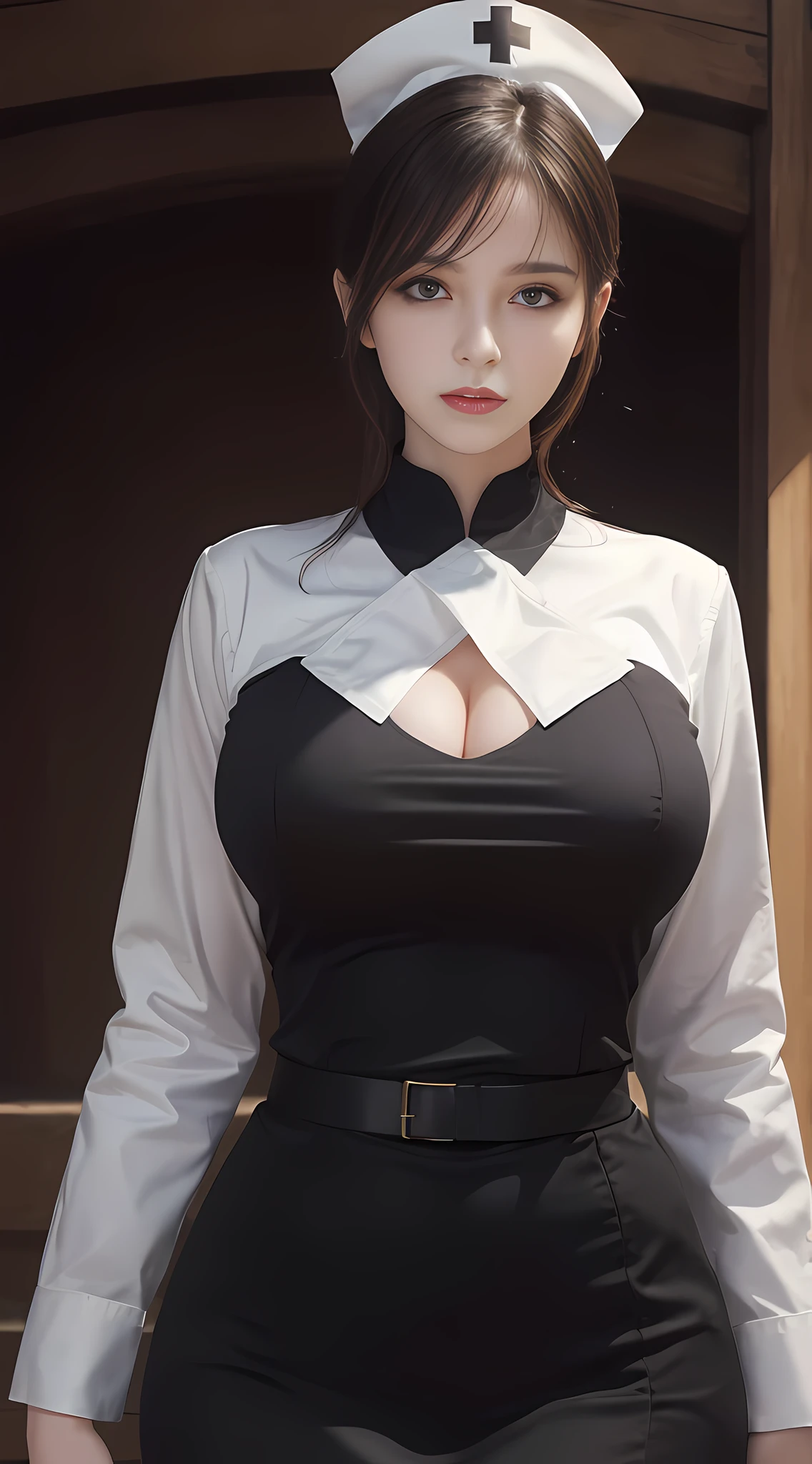 (1girl:1.3), solo, __Body parts__ realistic skin, pale skin, huge breasts, official art, unified 8k wallpaper, super detail, beauty and aesthetics, beauty, masterpiece, best quality, on the battlefield, fantastic atmosphere, calm color palette, peaceful mood, soft shadows, nurse, black uniform, charm, seduction, sexy figure