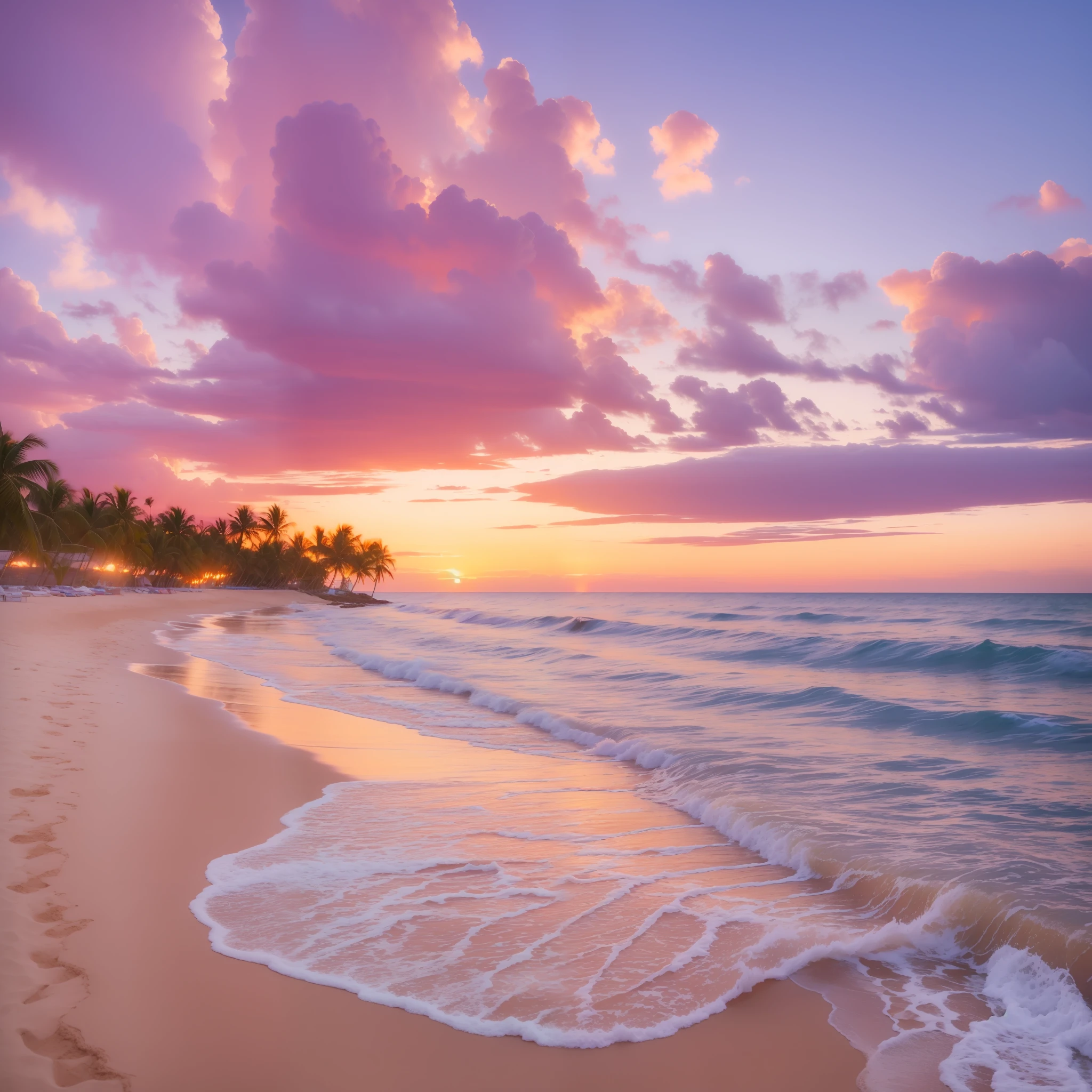 Oranges, pinks and yellows blend together to fill the sky, and the sunset over the beach is truly mesmerizing. The crystal clear waters gently kiss the coast, and the white sand beach stretches out endlessly. It's a dynamic and breathtaking scene with seagulls soaring high into the sky and palm trees gently swaying. Take in the calm atmosphere and peace will wash you away.