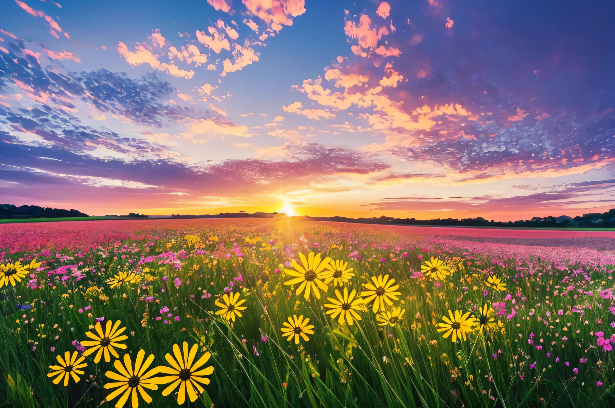 a close up of a field of flowers with a sunset in the background, field with grass and flowers, meadow with flowers, beautiful summer landscape, the brilliant dawn on the meadow, field of flowers, sunny meadow, field of flowers background, summer meadow, summer field, field of wild flowers, meadow background, flower field, beautiful landscape, nature landscape, fields of flowers --auto --s2