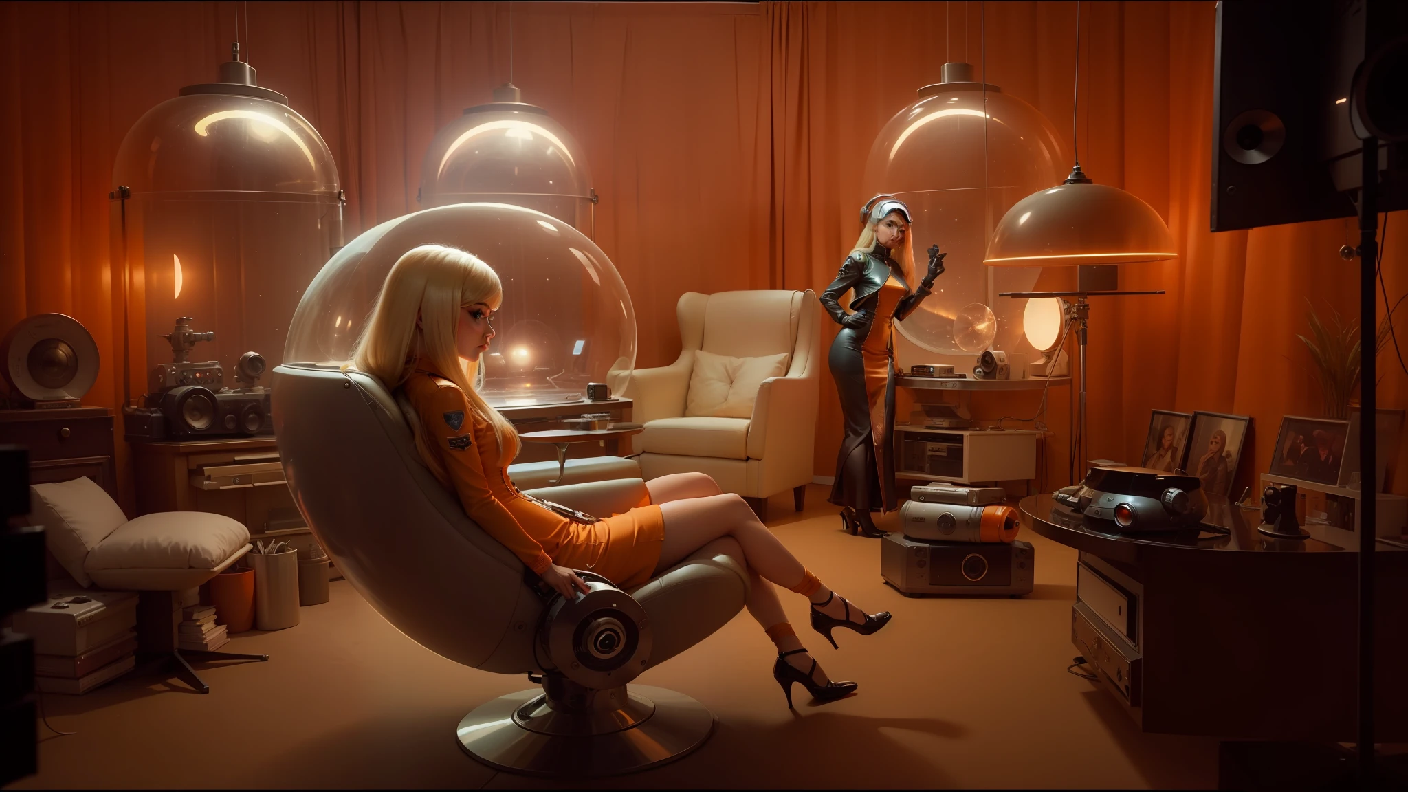 there is a woman sitting in a chair in a living room, anamorphic lenses. high quality, ava max, retro space helmet, futuristic government chambers, pulp femme fatale, blonde girl in a cosmic dress, orange lamp, radios, suki, crystal nodes, bluray image, tv --auto --s2