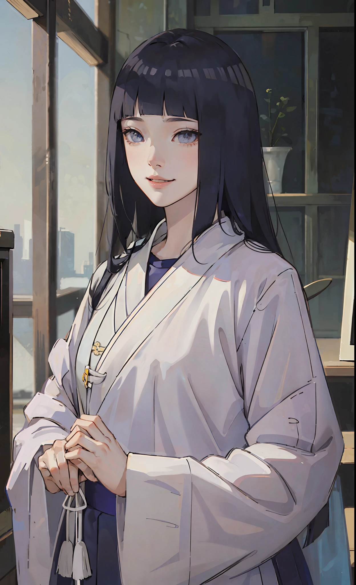 A girl, ancient Chinese costume, whole body, sunshine, clear face, clean white background, masterpiece, super detail, epic composition, ultra HD, high quality, extremely detailed, official art, uniform 8k wallpaper, super detail, 32k, ((blunt bangs)), extremely detailed character, detailed lips, dark blue hair, hinata/(boruto/), smile, (((long hair)))