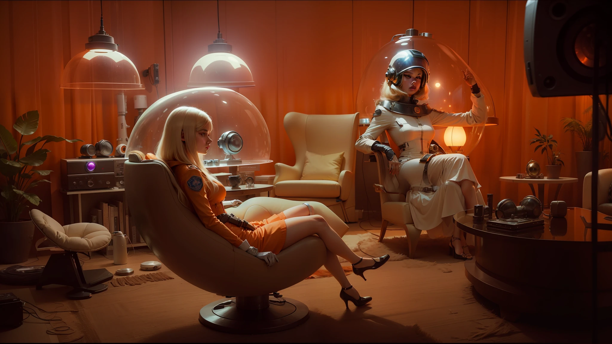 there is a woman sitting in a chair in a living room, anamorphic lenses. high quality, ava max, retro space helmet, futuristic government chambers, pulp femme fatale, blonde girl in a cosmic dress, orange lamp, radios, suki, crystal nodes, bluray image, tv --auto --s2