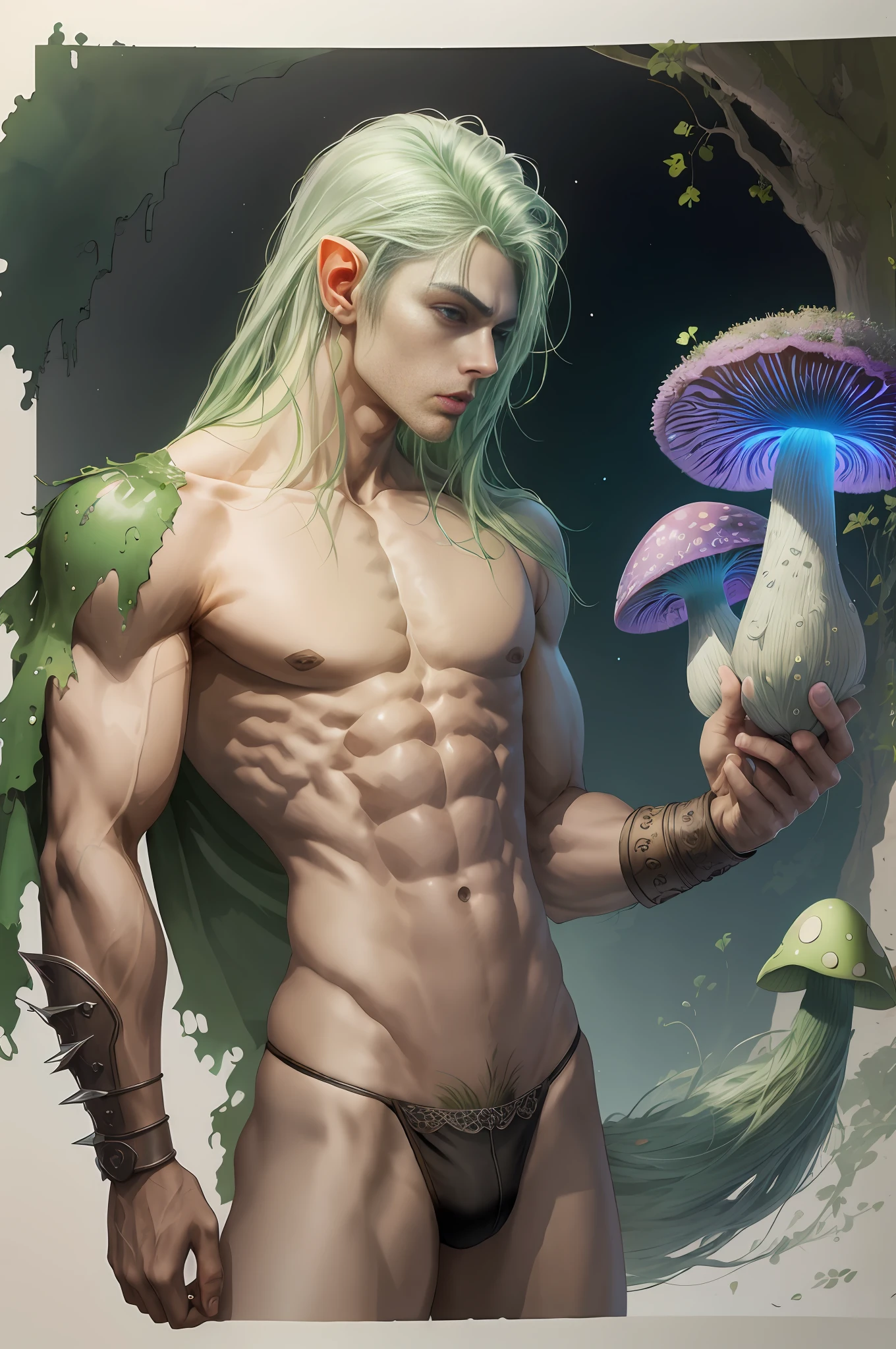 (masterpiece, best quality), green-skinned goblin, wearing micro thong, see-through thong , mushroom water world, wide angle, athletic body, male, iridescent skin, flat chest, silver eyes, green hair styled in spikes, determined expression, bioluminescent lighting, small waist, broad chest, big mane, slim scruffy, muscular , illustration, watercolor ink sketch, (best quality)), intricate detailed,solo, masterpiece,