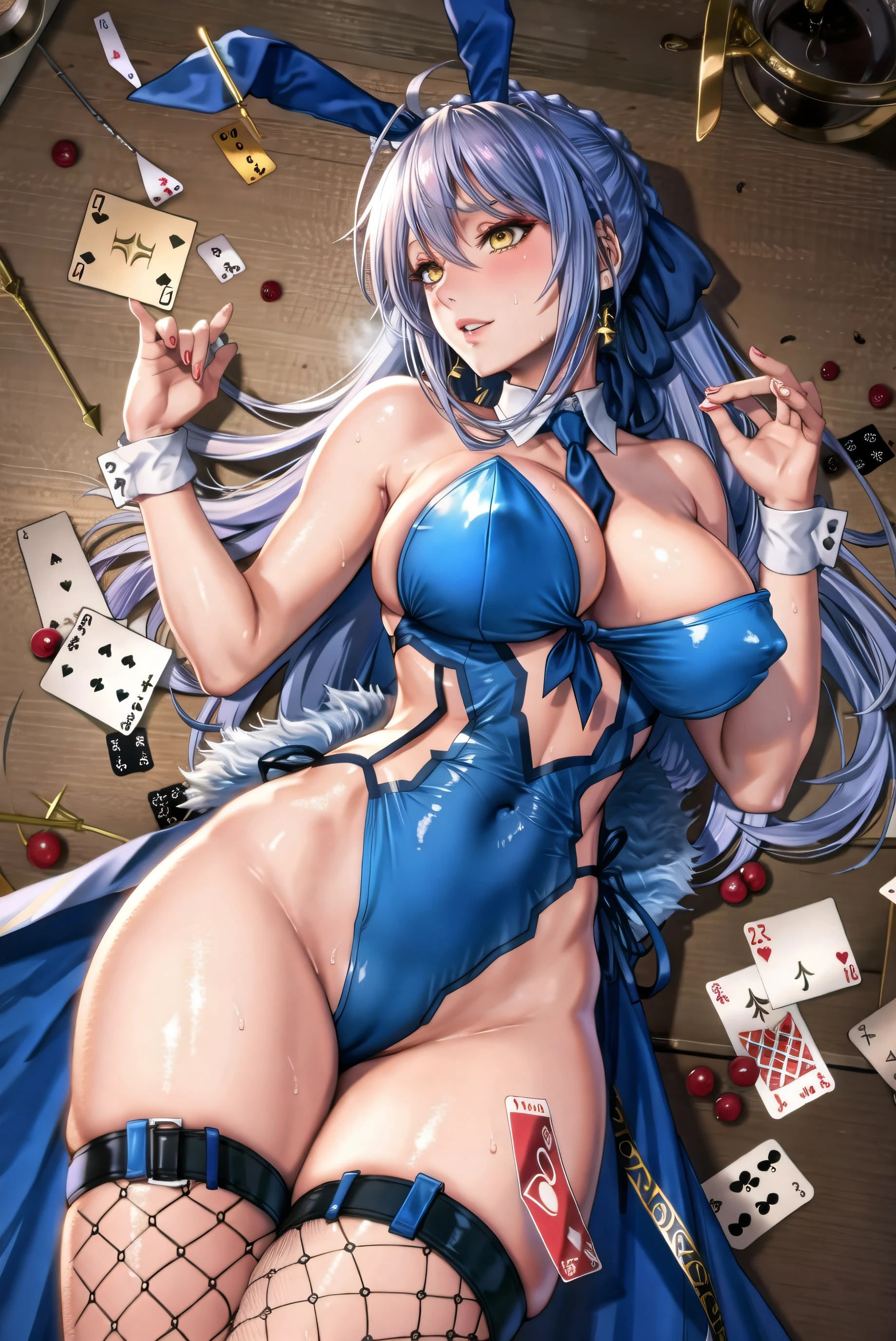 1girl, animal ears, areola slip, artoria pendragon \(fate\), artoria pendragon \(lancer alter\) \(fate\), artoria pendragon \(swimsuit ruler\) \(fate\), ass visible through thighs, bangs, bare shoulders, blue leotard, blush, card, cleavage, clothing cutout, cosplay, detached sleeves, fake animal ears, feather boa, fishnet pantyhose, fishnets, hair between eyes, highleg, highleg leotard, large breasts, leotard, long hair, looking at viewer, lying, navel, necktie, on back, pantyhose, parted lips, playboy bunny, playing card, rabbit ears, sidelocks, solo, sweat, thighs, sadakage, underboob, white hair, wrist cuffs, yellow eyes