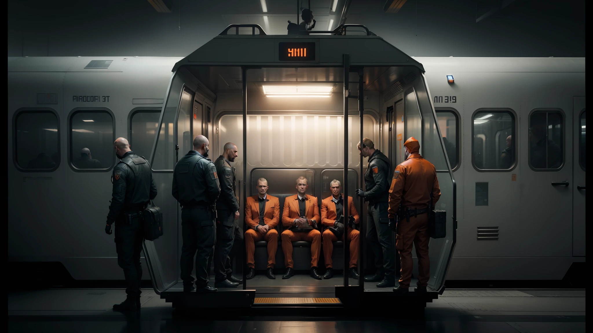 group of male prisoners in orange suits sitting on a train, trending art station, trending art station, dystopian art, ( ( mads berg ) ), syndicate (2012), matte painting of the human mind, by mads berg, by Ejler Bille, city jail, cgsociety 9, cinematic cgsociety --auto --s2