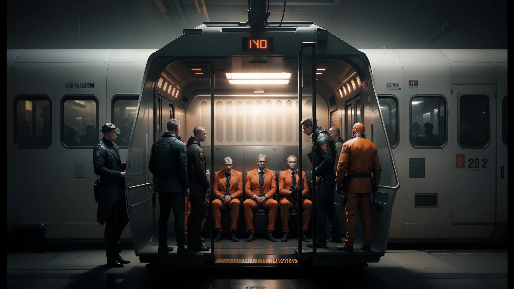 group of male prisoners in orange suits sitting on a train, trending art station, trending art station, dystopian art, ( ( mads berg ) ), syndicate (2012), matte painting of the human mind, by mads berg, by Ejler Bille, city jail, cgsociety 9, cinematic cgsociety --auto --s2