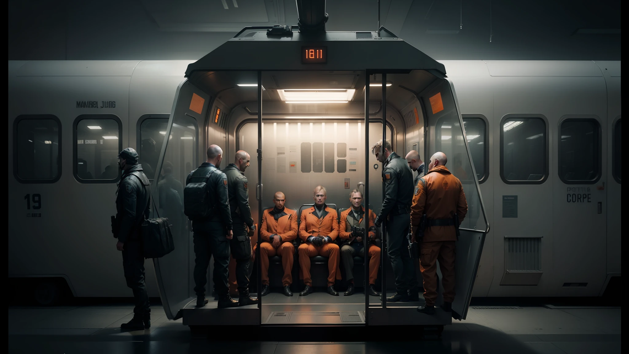 group of male prisoners in orange suits sitting on a train, trending art station, trending art station, dystopian art, ( ( mads berg ) ), syndicate (2012), matte painting of the human mind, by mads berg, by Ejler Bille, city jail, cgsociety 9, cinematic cgsociety --auto --s2