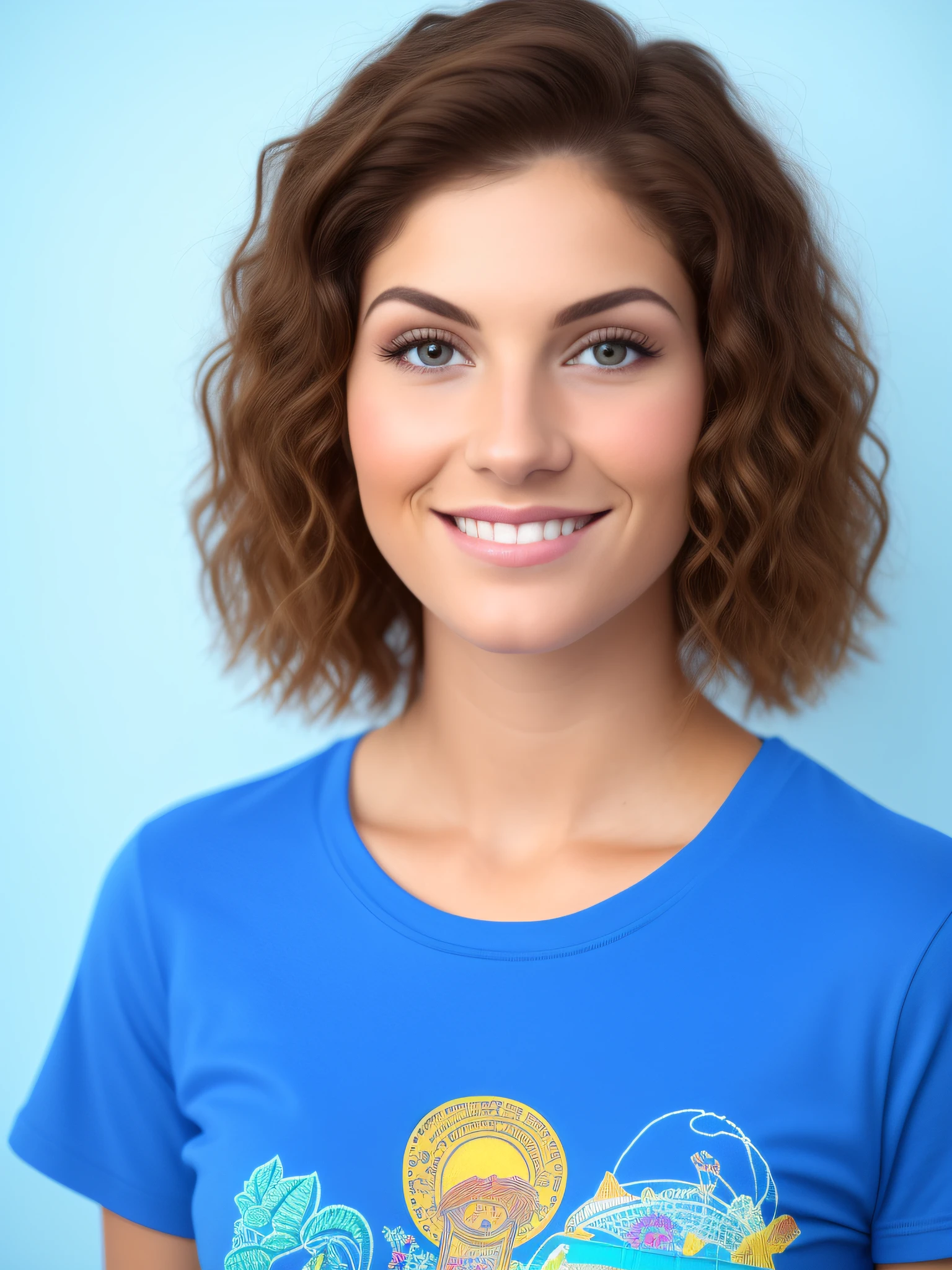 A white Latina woman facing the camera to speak to the audience, red T-shirt ,She is tall,Very beautiful and beautiful, Relatively short hair, she is full of energy and looking directly into the camera ready to speak in the YouTube room, super realistic, full body shot and flawless,blue background,Realistic and very natural face,Natural skin color,Completely natural and professional skin and hair