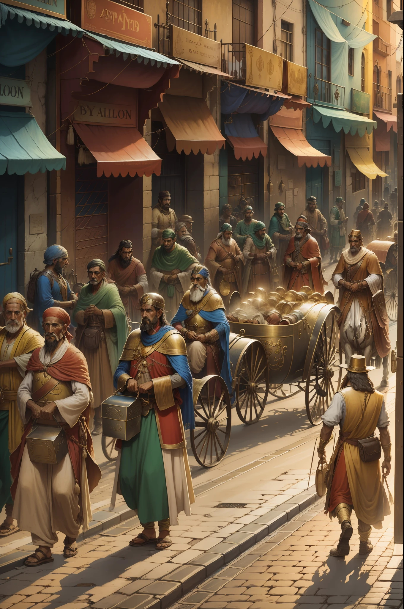 bayblon city street, a lot of people walking and some people selling their things on side of street, a lot of carriages in middle of streets, some people give their money to beggars, photography, hd, bronze age guards patroling and arrest a person --auto --s2