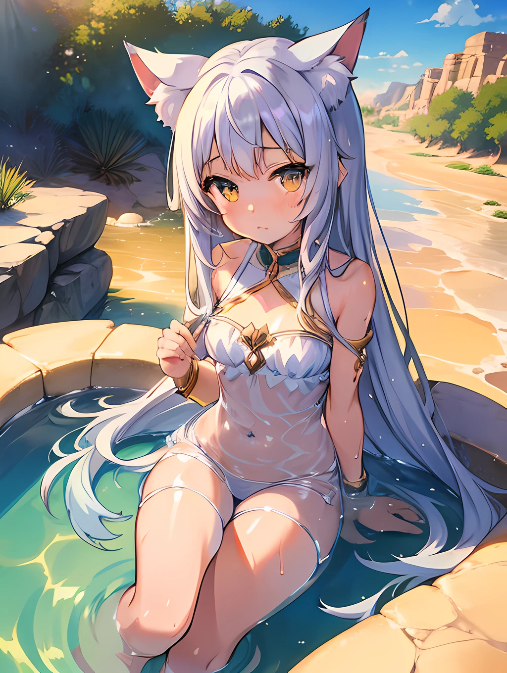 Masterpiece, top quality anime illustration, super detailed, one girl, solo focus, beautiful girl with silver hair cat ears, anime , cat eared loliigh emphasis, god Bastet, bathing in desert oasis, wet sheer