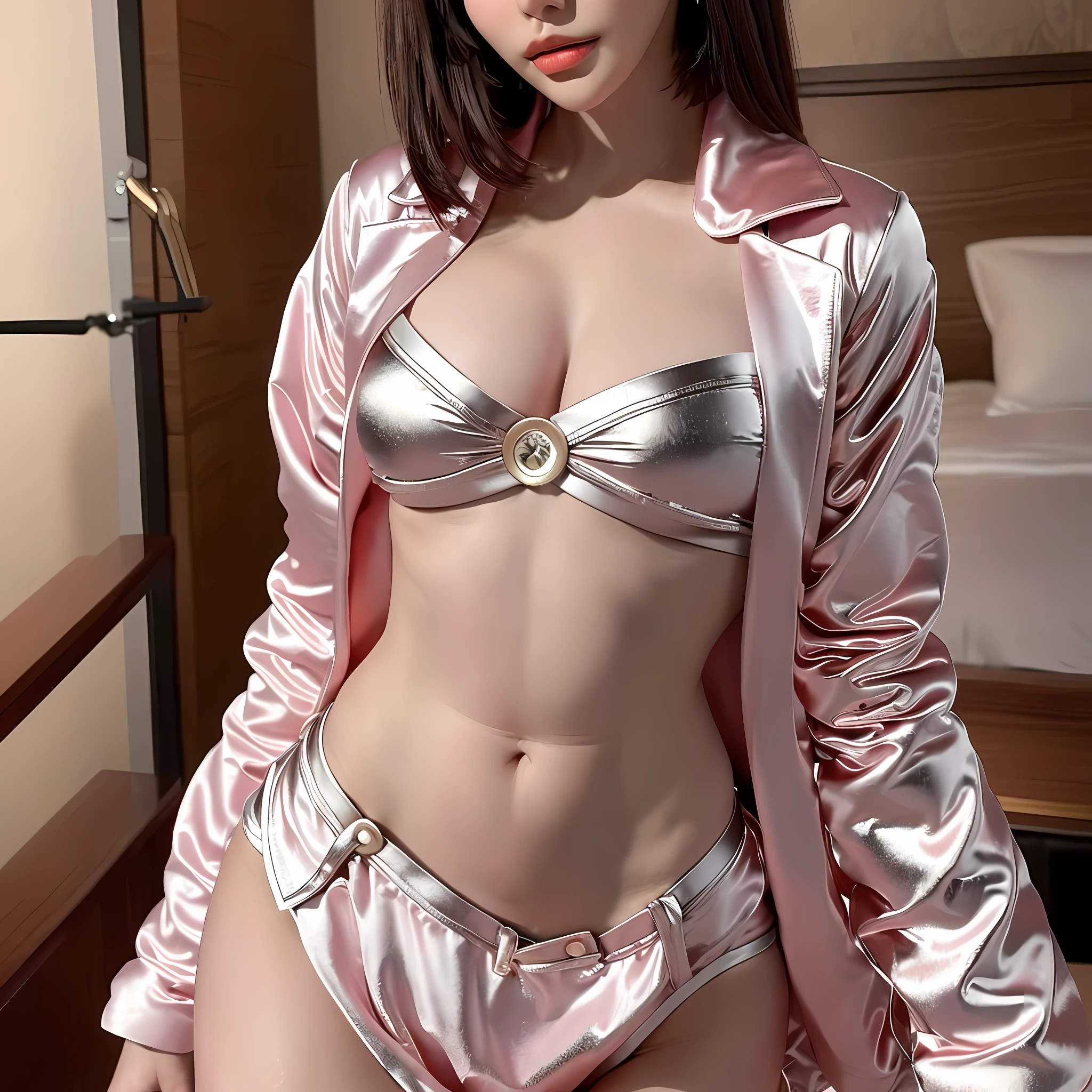 (RAW Photos, Best Quality, Masterpiece: 1.2), (Realistic, Photorealistic: 1.37), 1 Girl, Light Smile, (Big: 1.2), (High Detail: 1.2), (Detail Background: 1.2), (Shiny Skin: 1.2), (Skin Dents: 1.3), (Plump: 1.2), (Perfect Body: 1.35), (Portate: 0.8), Gorgeous, Floating Hair, Head Tilt, Watch the viewer, (small head: 1.4), wearing a satent wrench coat, the material of the satin wrench coat is shiny, soft and smooth to the touch, the buttons of the satin wrench coat are large, the button in front of the satin wrench coat is fastened, the underwear is not worn, the chest is C cup, Japan fashion model, wearing a coat, one beauty, full body shot, the place is a hotel bedroom, one subject,