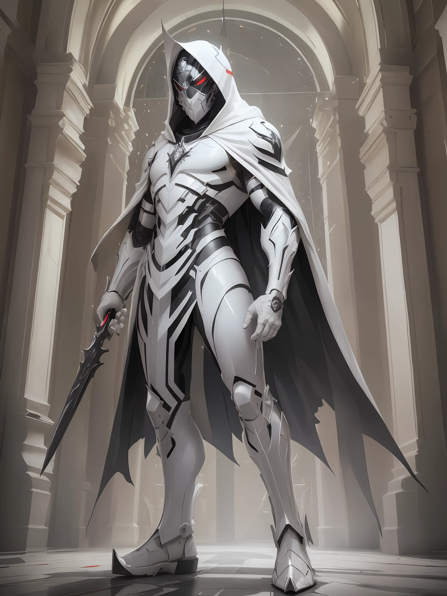 full body (white:1.7) red and black Cristal angel assassin hooded sharp cyborg man suite with cloak, mask (perfect mask:1.5) Many details, glass suite, front view (Inside night time palace portico:1.3) cinematic lighting, full body, full body, all body, front view, wide angle, cinematic lighting, ultra details, ultra resolution, ultra quality, focused, unreal engine 5, cinematic light