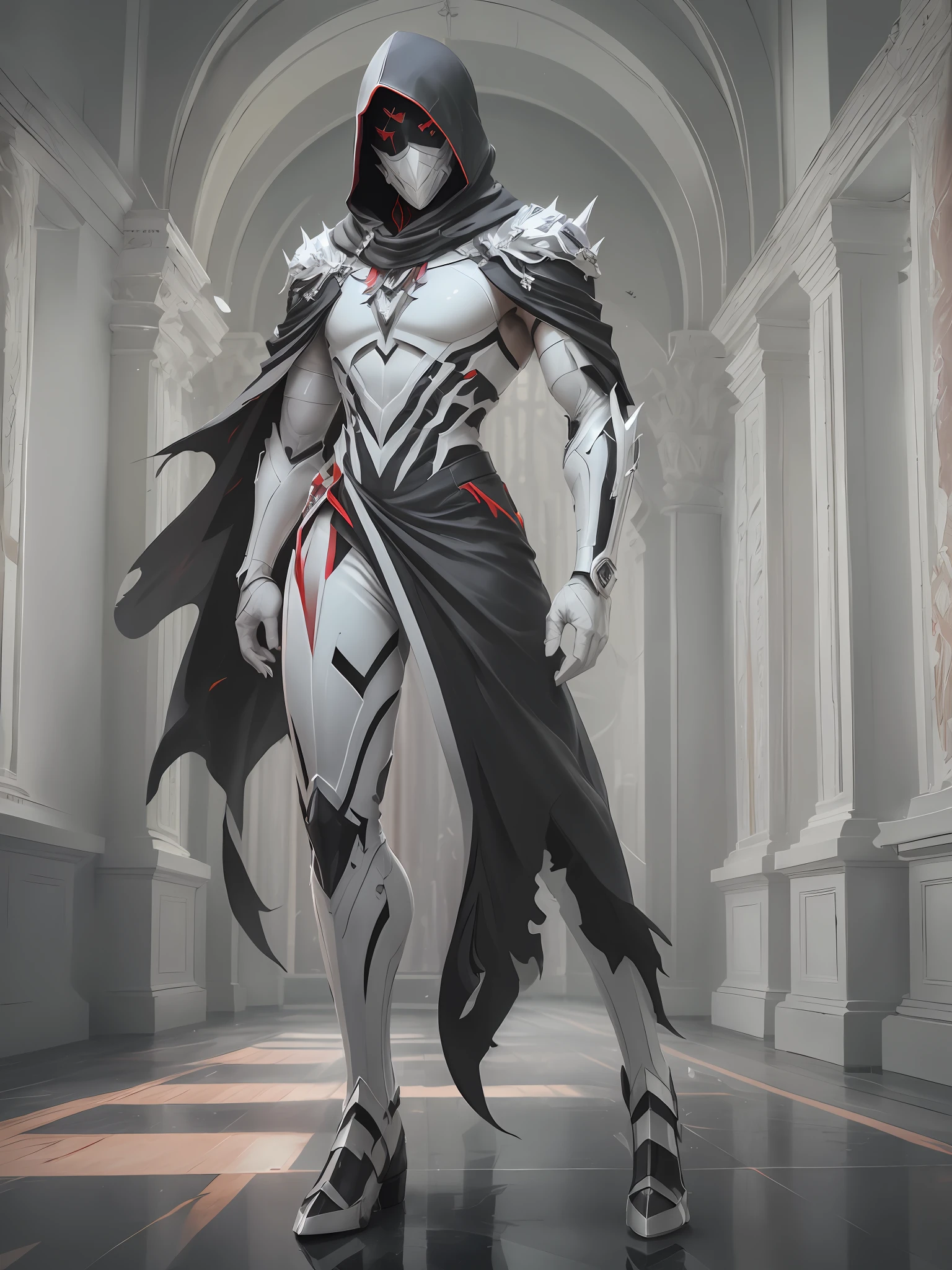full body (white:1.7) red and black Cristal epic fantasy assin hooded sharp cyborg man suite with cloak, mask (perfect mask:1.5) Many details (masterpiece:1.6) glass suite, front view (Inside night time palace portico:1.3) cinematic lighting, full body, full body, all body, front view, wide angle, cinematic lighting, ultra details, ultra resolution, ultra quality, focused, unreal engine 5, cinematic light