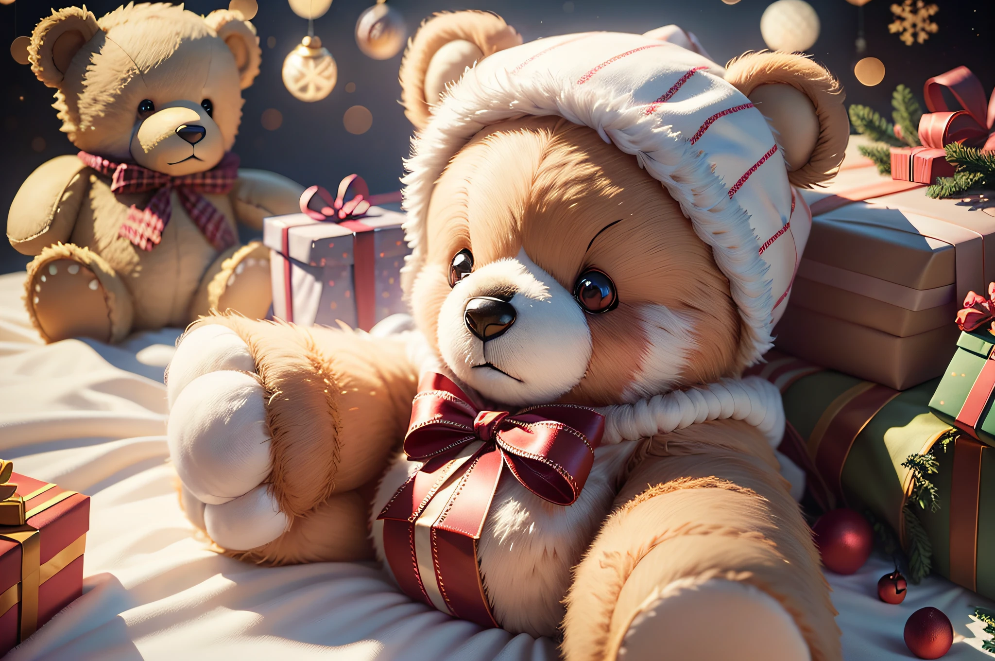 there is a teddy bear sitting next to a gift box, gifts, cute and lovely, lovely and cute, toy package, holiday season, cute and cuddly, cute 3 d render, romantic themed, romantic mood, abcdefghijklmnopqrstuvwxyz, seasonal, presents, beautiful and cute, teddy bear, toys --auto --s2