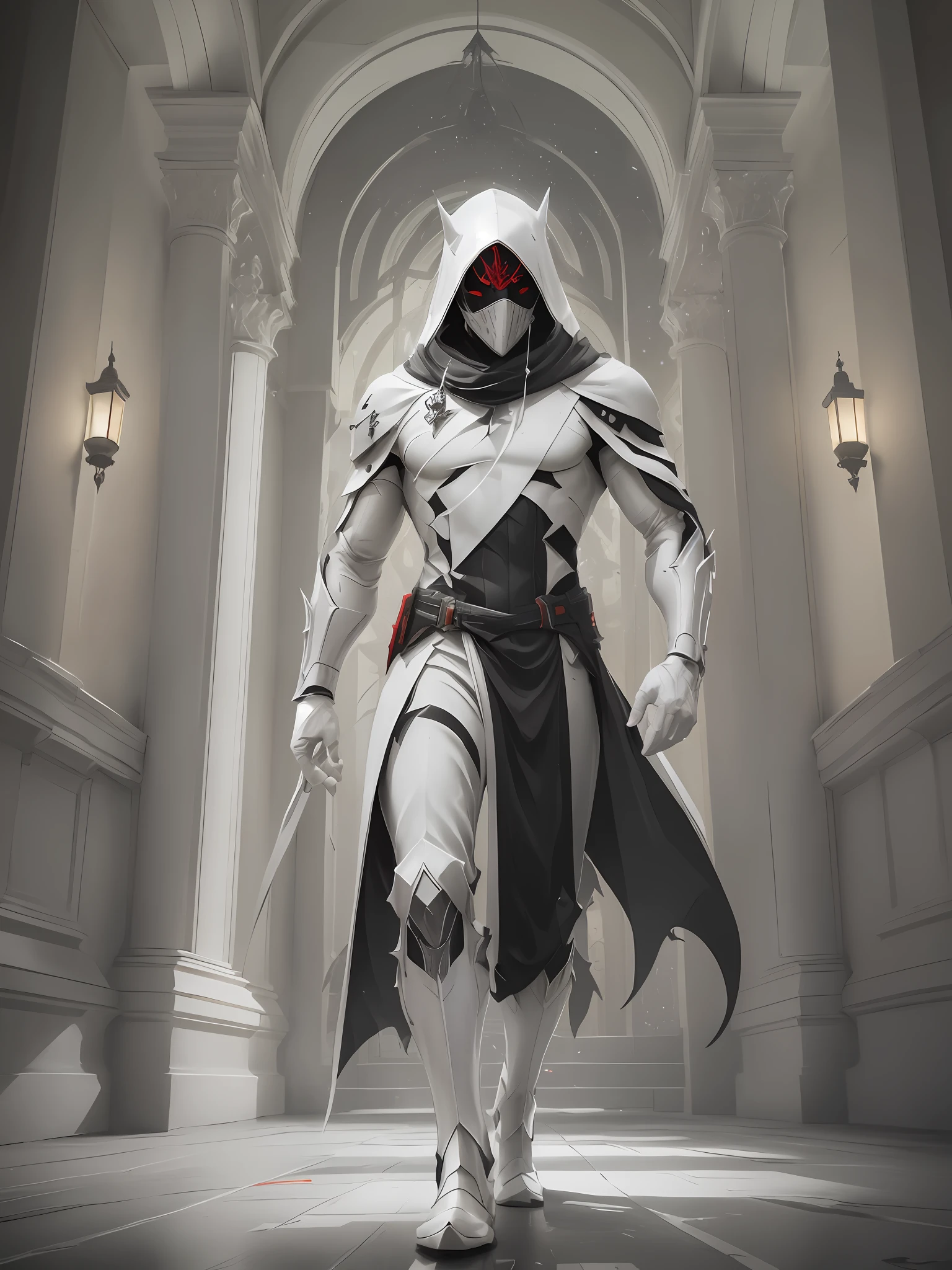 full body (white:1.7) red and black Cristal epic fantasy assassin hooded sharp cyborg man suite with cloak, mask (perfect mask:1.5) Many details, glass suite, front view (Inside night time palace portico:1.3) cinematic lighting, full body, full body, all body, front view, wide angle, cinematic lighting, ultra details, ultra resolution, ultra quality, focused, unreal engine 5, cinematic light
