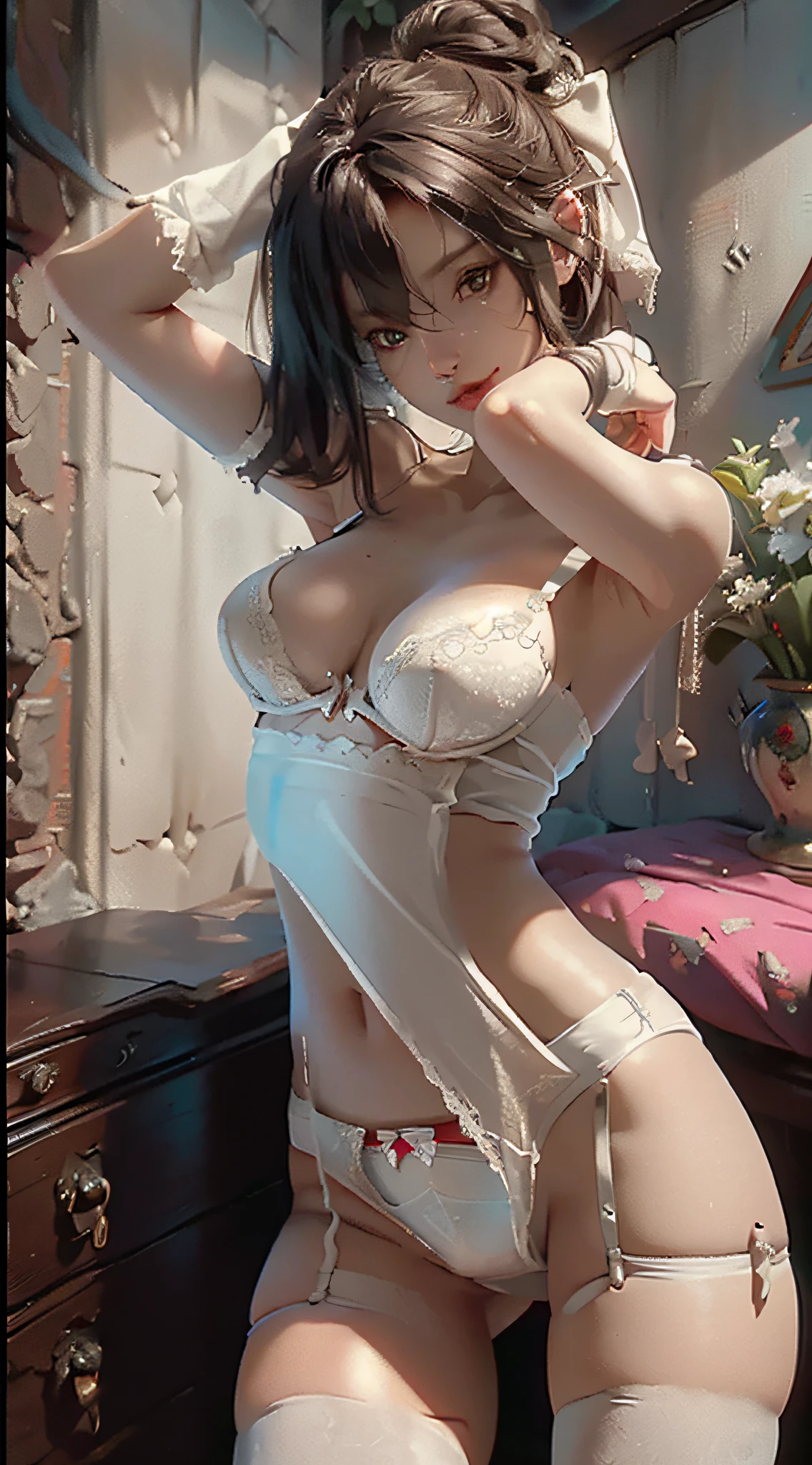 ((Best Quality)), (Masterpiece)), (Logical Description),(Details:1.4), 3D, Cleavage,navel,Underwear, ((??????????)),(Photo Real: 1.4),(Right arm behind head:1.4),Medium breasts,White bra,White panties,Long hair,On bed,(garter belt:1.5),(open legs:1.2) , White choker, HDR, Ray Tracing, NVIDIA RTX, Super Resolution, Unreal 5, Subsurface Scattering, PBR Texturing, Post-Processing, Anisotropic Filtering, Depth of Field, Maximum Clarity and Sharpness, Multilayer Textures, Albedo and Specular Maps, Surface Shading,Accurate simulation of light-material interaction,perfect proportions,Octane rendering,Two-tone lighting,Wide aperture,Low ISO,White balance,Rule of thirds,8K RAW,