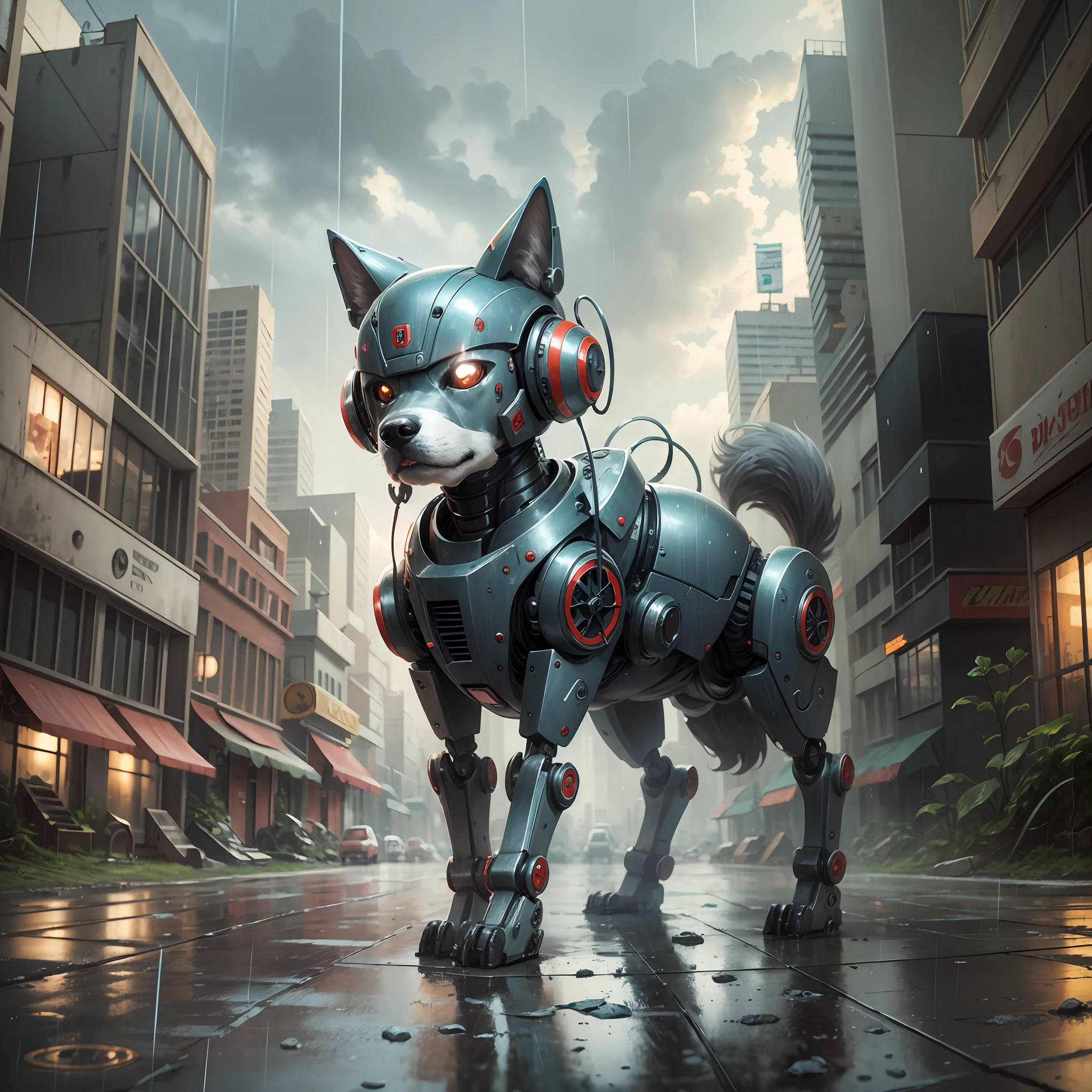 Robot dog, abandoned city, with rain --auto --s2