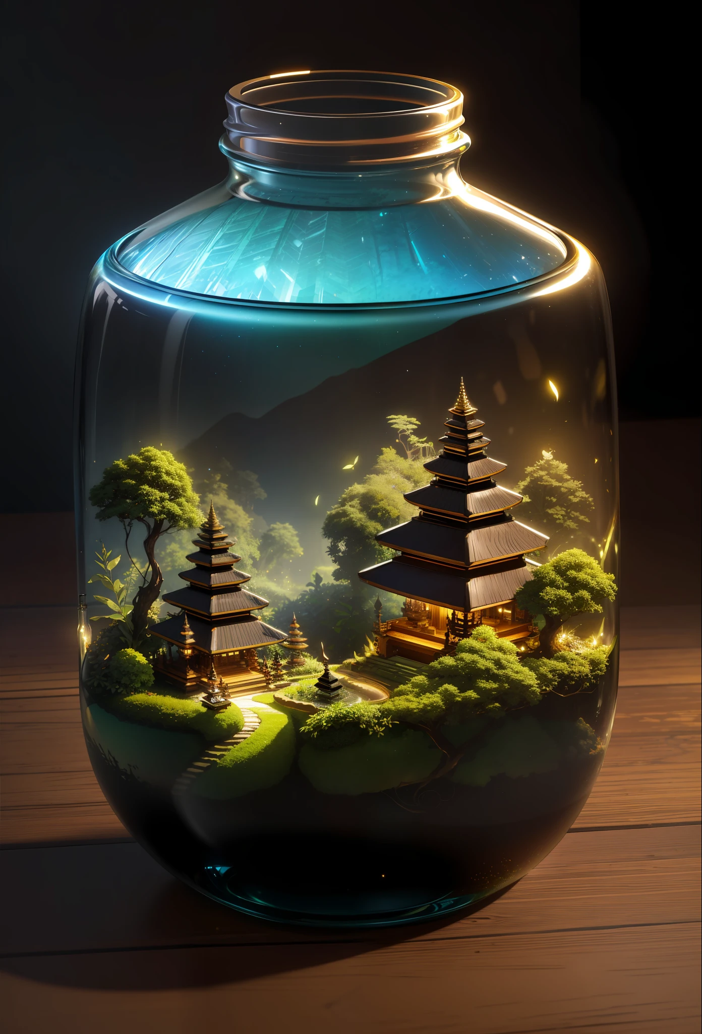(An intricate Bali forest minitown landscape trapped in a bottle), atmospheric oliva lighting, on the table, 4k UHD, dark vibes, hyper detailed, vibrant colours, epic composition, octane render, sharp focus, high resolution isometric