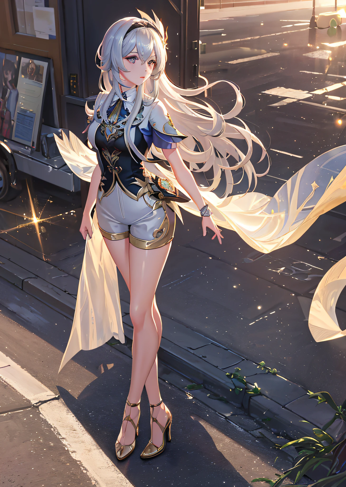 (Masterpiece, Superb Quality, Super Delicate, High Resolution), Perfect Face, Side Light, Radiant Skin, Standing, (Bloom), (Shine), Lighting, Ray Tracing, Hot Pants, Sci-Fi, City, Street, Outdoor, Depth of Field, Genshin Impact\, Silver Eyes, Hair Above One Eye, (Hair Accessory), Chest, High Heels, Long Hair, Water Whirlwind