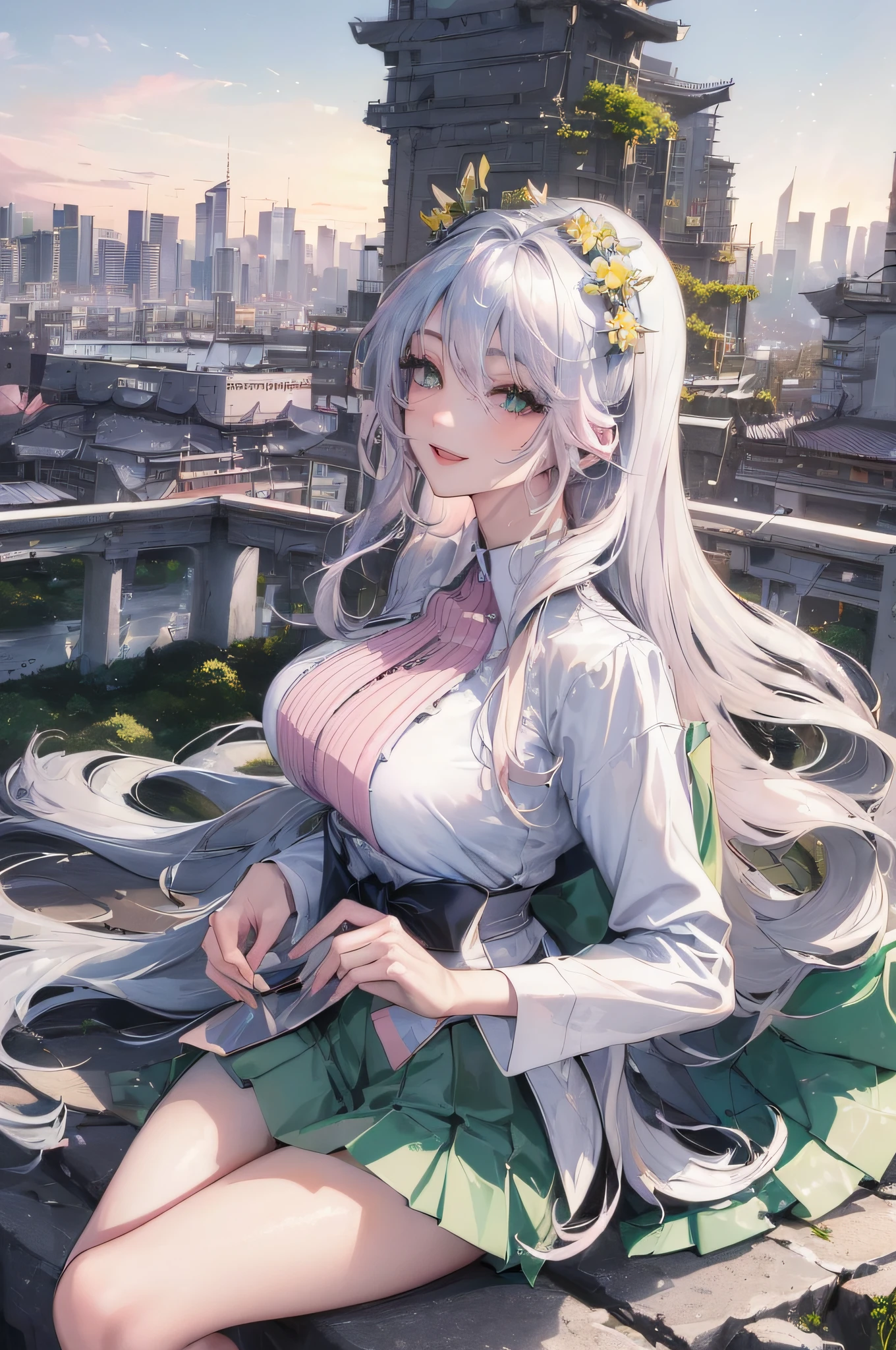 official art, masterpiece, sharp focus, (beautiful gorgeous cute Korean woman:1.3), (beautiful cute korean:1.3), korean beauty, Delicate and beautiful hair and eyes and face, realistic, ultra detailed, beautiful girl, blue sky, glow white particle, (sidelighting:1.2), sun light, white cloud, detailed clouds, slender, Lovely very large breasts and very large hips, smile with teeth, ((smile with eyes, open both eyes)), scenery, long straight hair, sexy facial expression, building, (cityscape:1.7), dynamic hair, very long straight hair, detailed platinum silver hair, glow green eyes, (pink pleated shirts + yellow skirt), white long socks, pale skin, hair ornament, epic scenery,