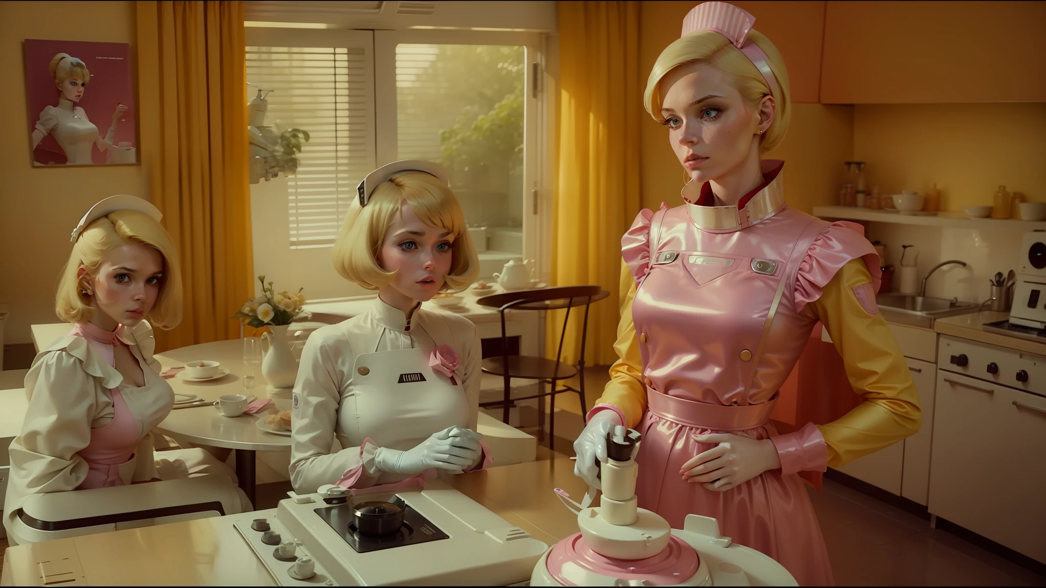 blond haired woman in pink dress standing in kitchen with robot, roger deakin’s cinematography, silk spectre, ffffound, 60s, dressed as a pastry chef, of a family leaving a spaceship, plastic and fabric, lolita style, wearing a blouse, thunderbirds, aspect ratio 16:9, surrealisme aesthetic --auto --s2