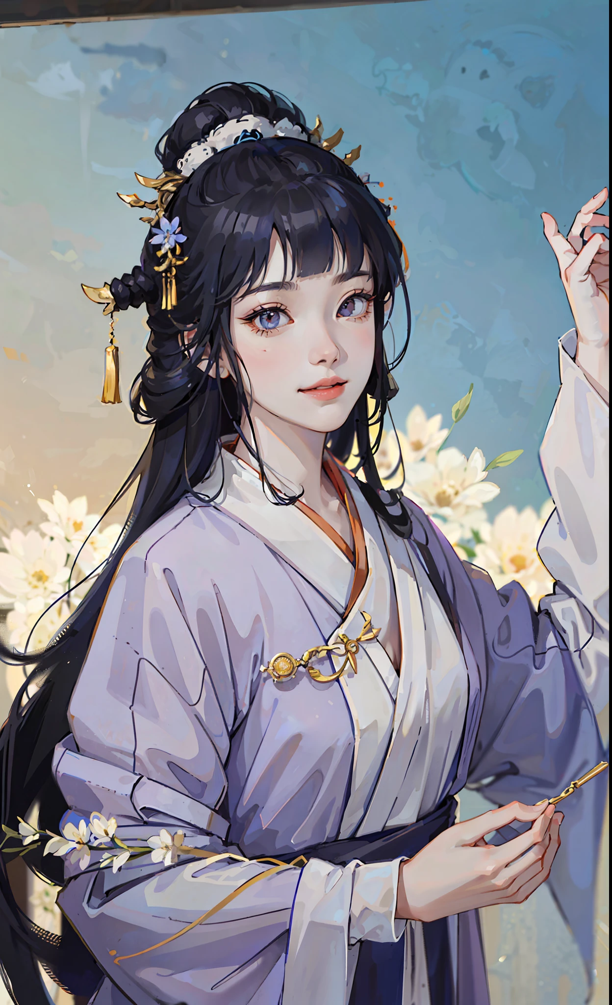 A girl, ancient Chinese costume, whole body, sunshine, clear face, clean white background, masterpiece, super detail, epic composition, ultra HD, high quality, extremely detailed, official art, uniform 8k wallpaper, super detail, 32k, ((blunt bangs)), extremely detailed character, detailed lips, dark blue hair, hinata/(boruto/), smile