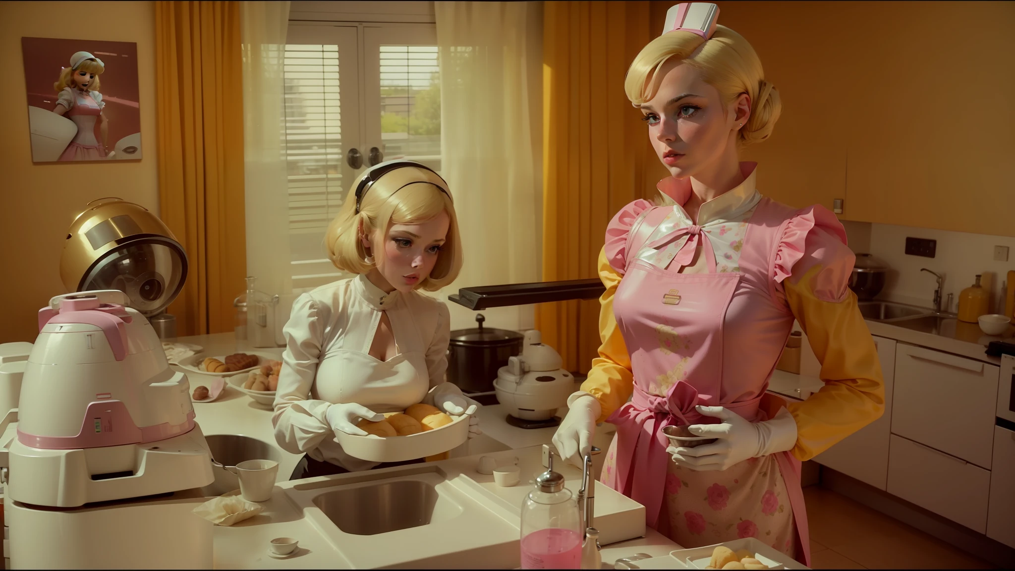 blond haired woman in pink dress standing in kitchen with robot, roger deakin’s cinematography, silk spectre, ffffound, 60s, dressed as a pastry chef, of a family leaving a spaceship, plastic and fabric, lolita style, wearing a blouse, thunderbirds, aspect ratio 16:9, surrealisme aesthetic --auto --s2